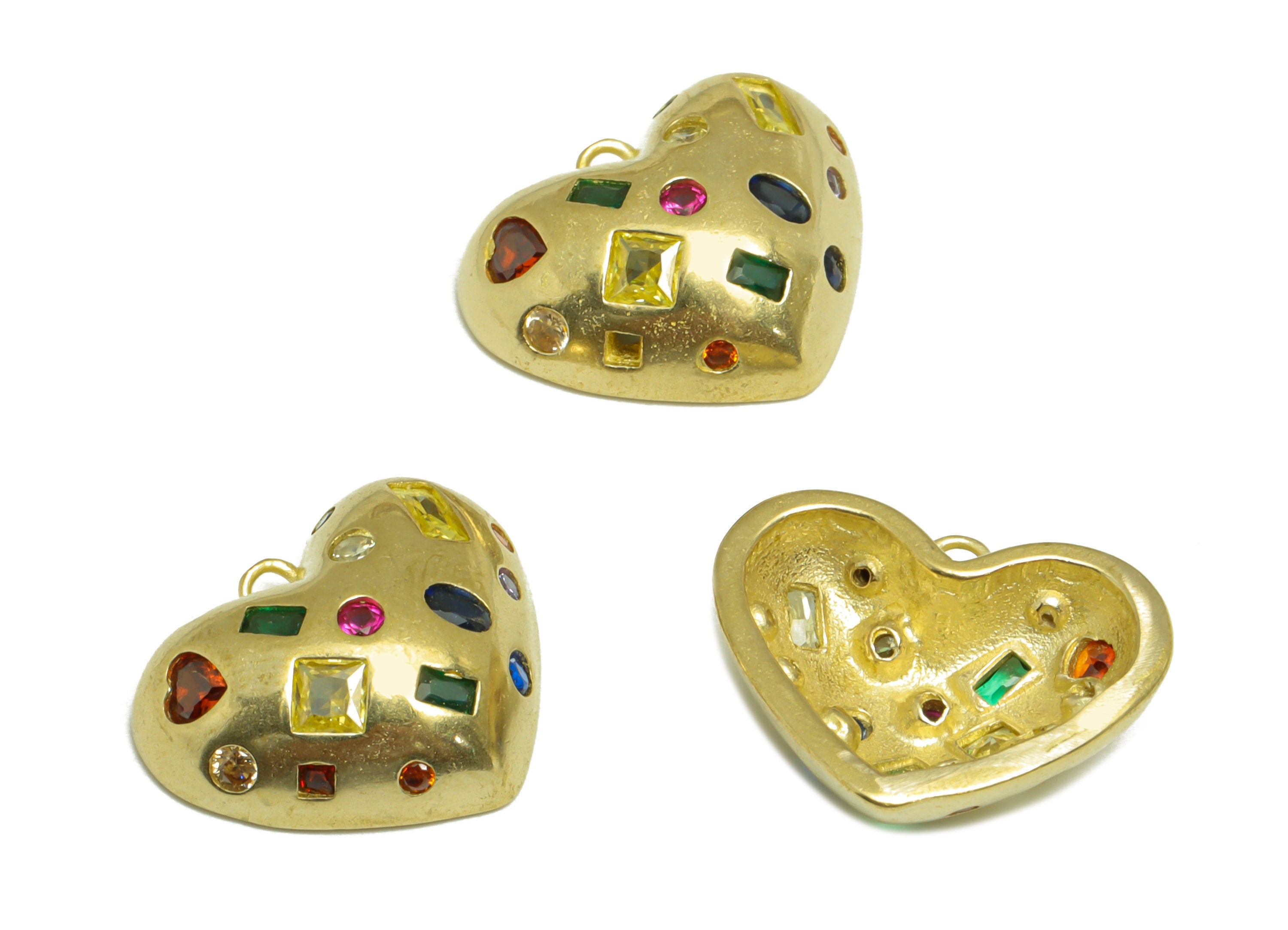 Brass CZ Heart Earring Charm - Brass Cubic Zircon Earring Pendant - Raw Brass Geometry CZ Rainbow Earring Charm - 14.7x18.1x5.74mm - PP9634 - DOMEDBAZAAR