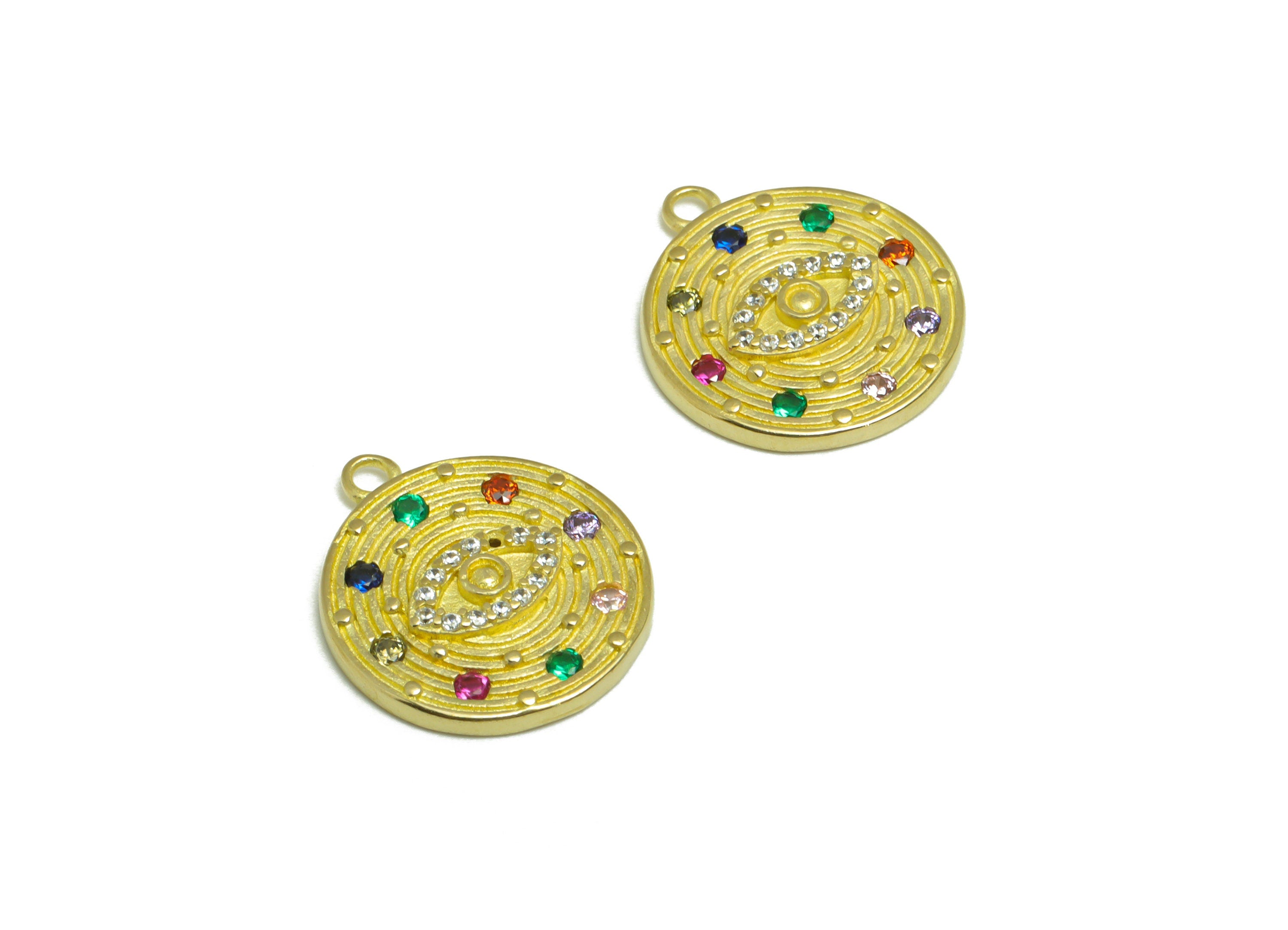 Brass CZ Eye Earring Charm - Brass Cubic Zircon Eye Earring Pendant - Raw Brass Textured Rainbow CZ Earring Charm - 17.5x15x2.31mm - PP9627 - DOMEDBAZAAR