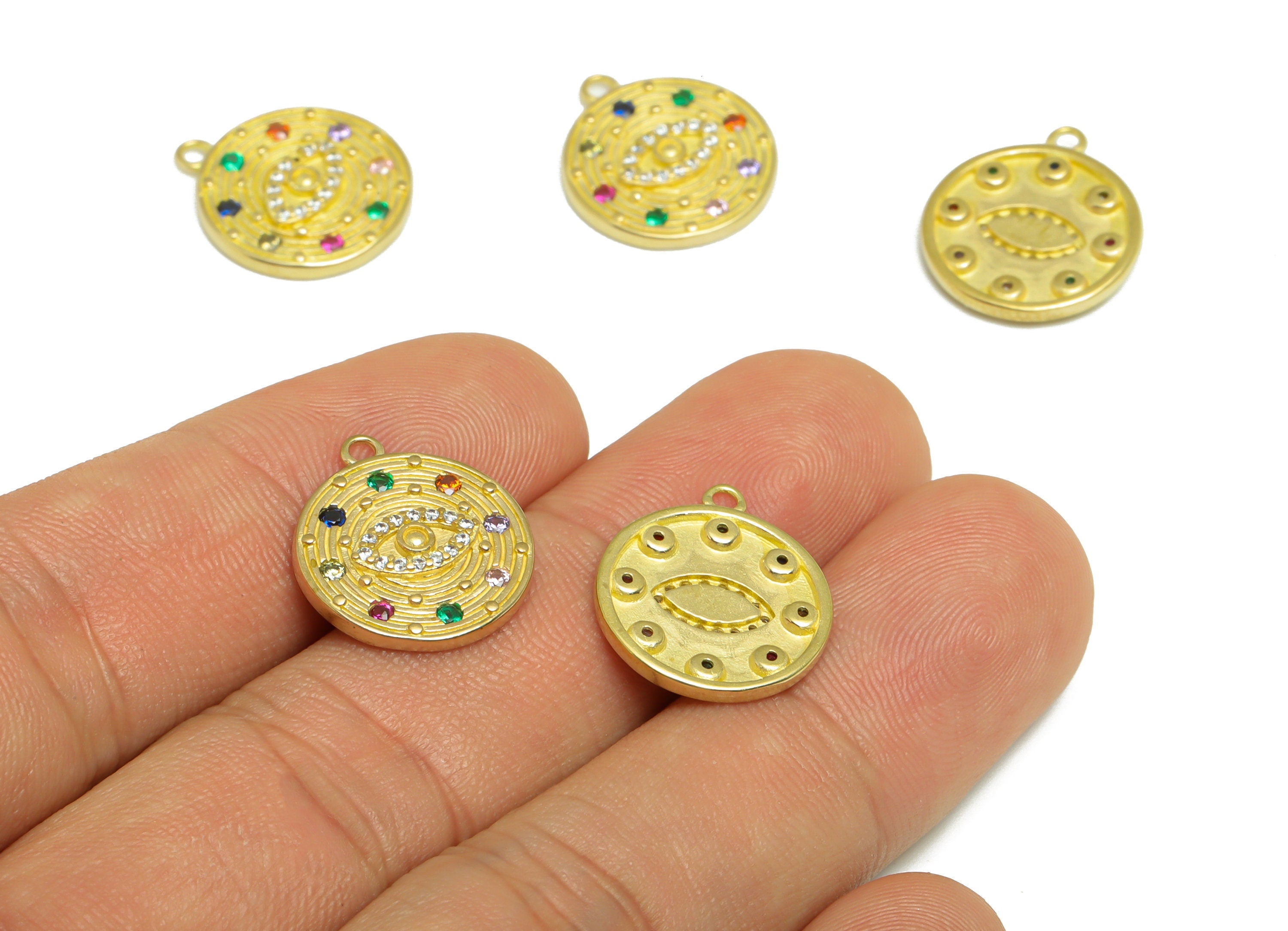 Brass CZ Eye Earring Charm - Brass Cubic Zircon Eye Earring Pendant - Raw Brass Textured Rainbow CZ Earring Charm - 17.5x15x2.31mm - PP9627 - DOMEDBAZAAR