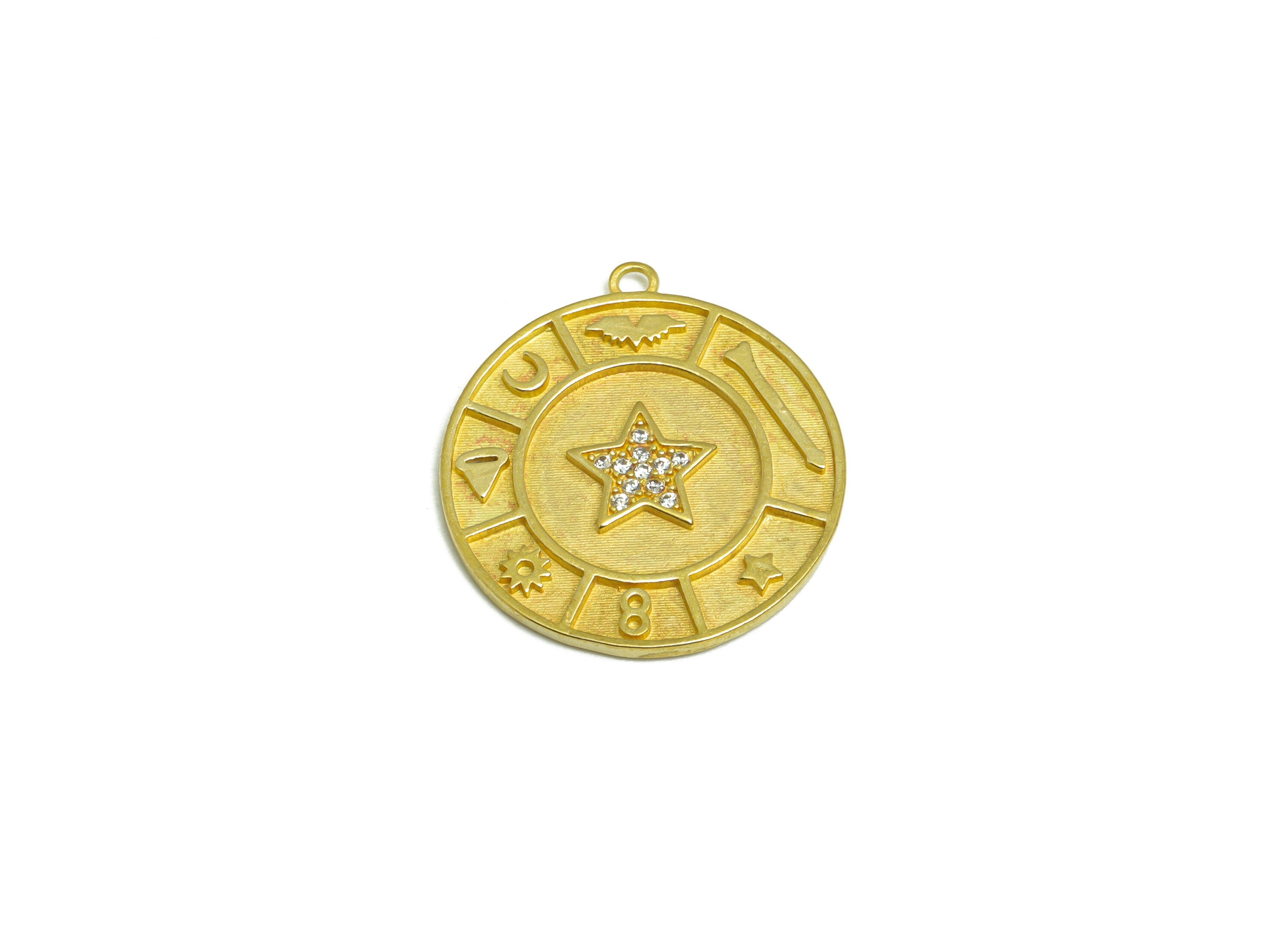 Brass CZ Star Earring Charm - Brass Cubic Zircon Crescent Earring Pendant - Raw Brass Textured CZ Earring Charm - 25.2x23x1.77mm - PP9623 - DOMEDBAZAAR