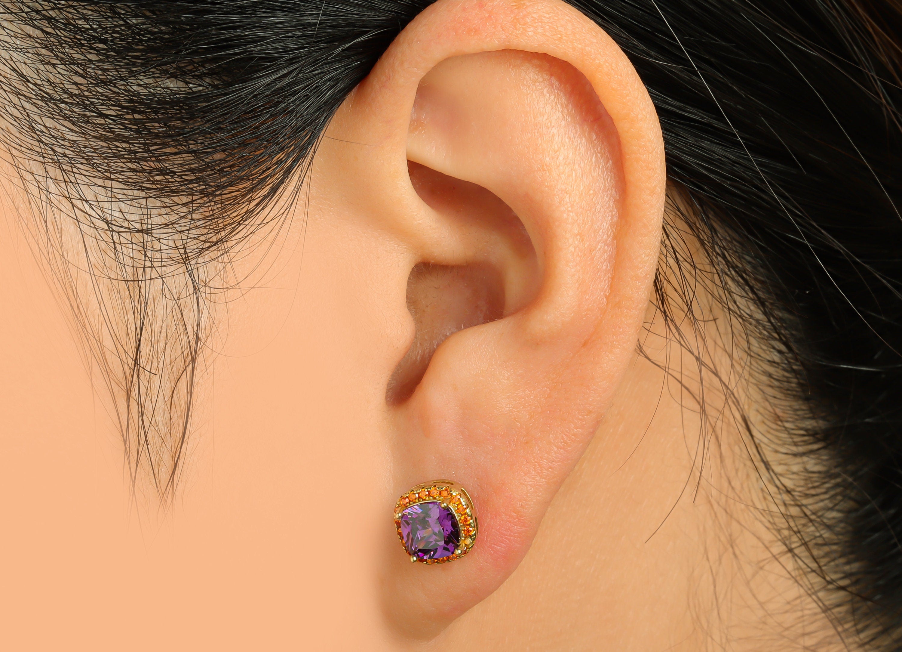 D-Amethyst (CZ-10) Zircon Earring Stud - Raw Brass Orange(CZ-11) Zircon Earring Post - Cubic Zircon Earring Post - 17x8x5mm - PP9851B - DOMEDBAZAAR