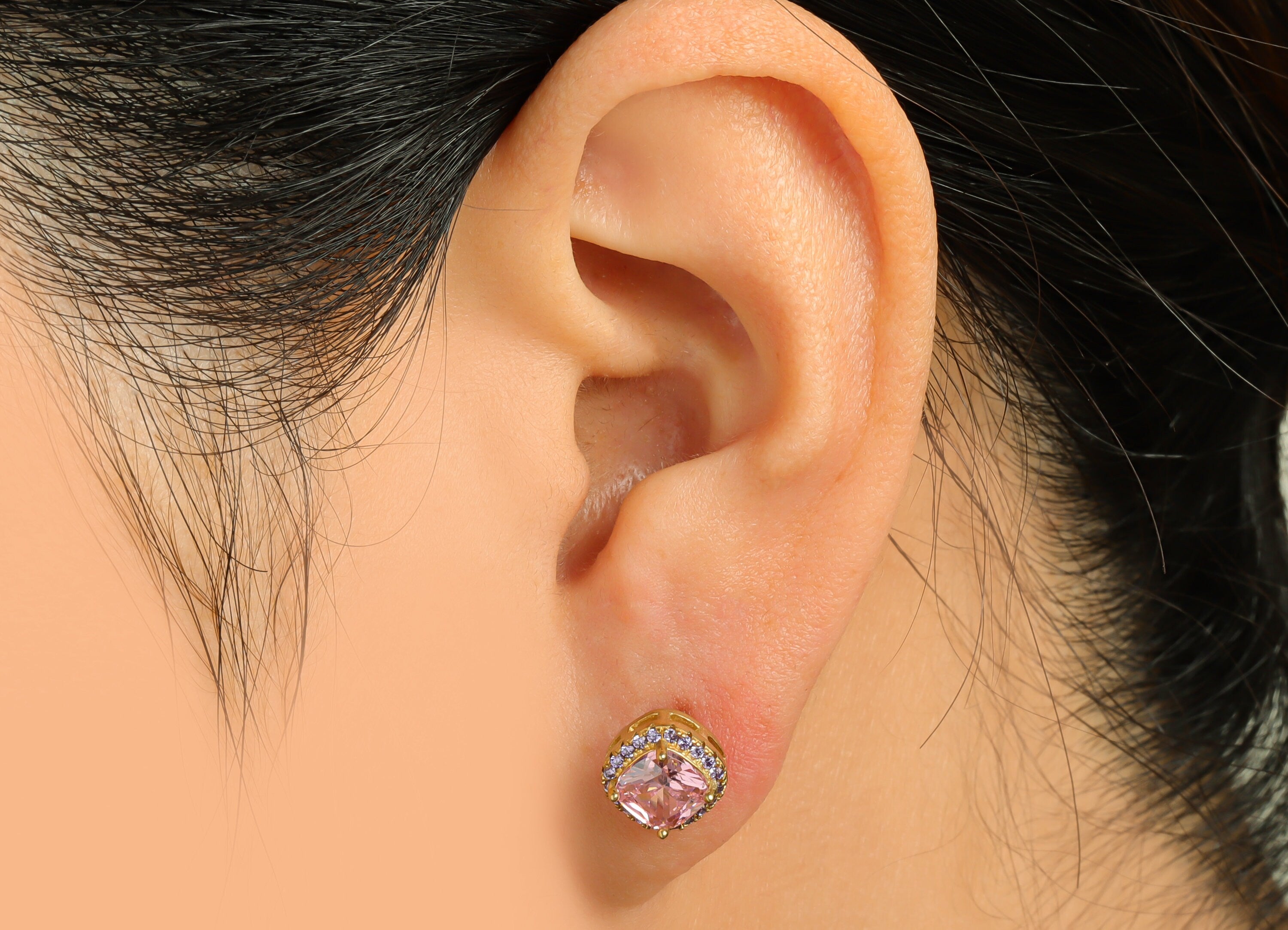 Amethyst(CZ-09) Zircon Earring Stud - Raw Brass Pink (CZ-01) Zircon Earring Post - Cubic Zircon Earring Post - 17x8x5mm - PP9851R - DOMEDBAZAAR