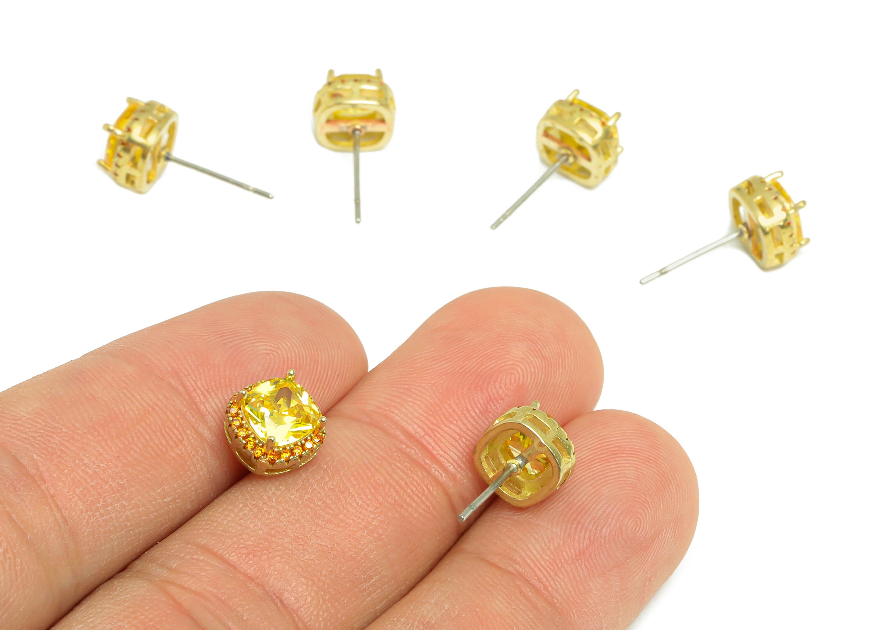 Golden(CZ-05) Zircon Earring Stud - Raw Brass L-Orange (CZ-11L) Zircon Earring Post - Cubic Zircon Earring Post - 18x8.2x6.1mm - PP9851D - DOMEDBAZAAR
