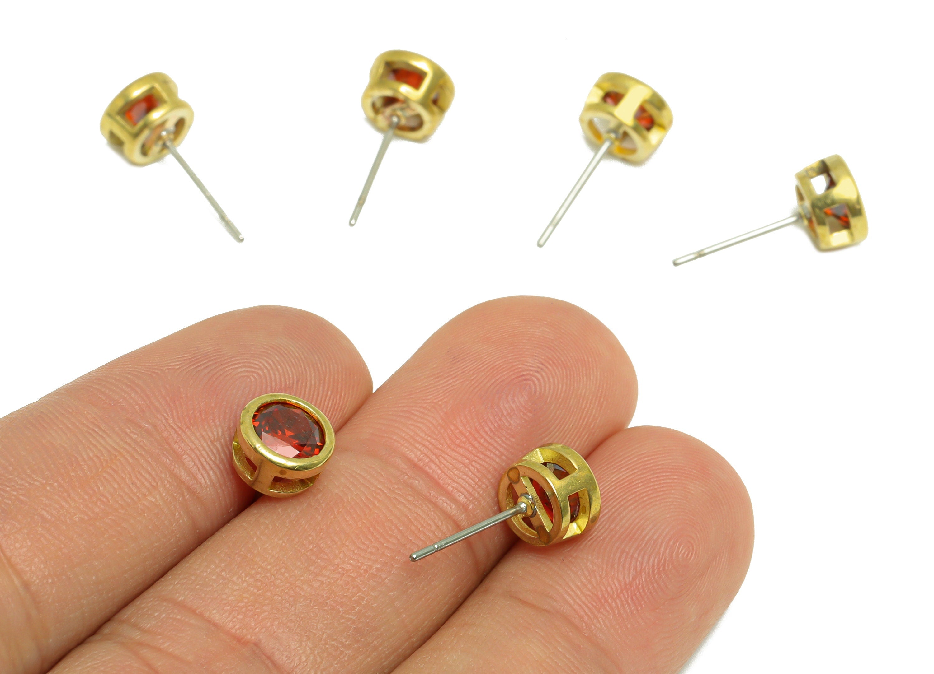 Deep Garnet (CZ-13D) Zircon Earring Stud - Raw Brass Round Earring Post - Cubic Zircon Earring Post - 16.6x7.68x5.5mm - PP9682G - DOMEDBAZAAR