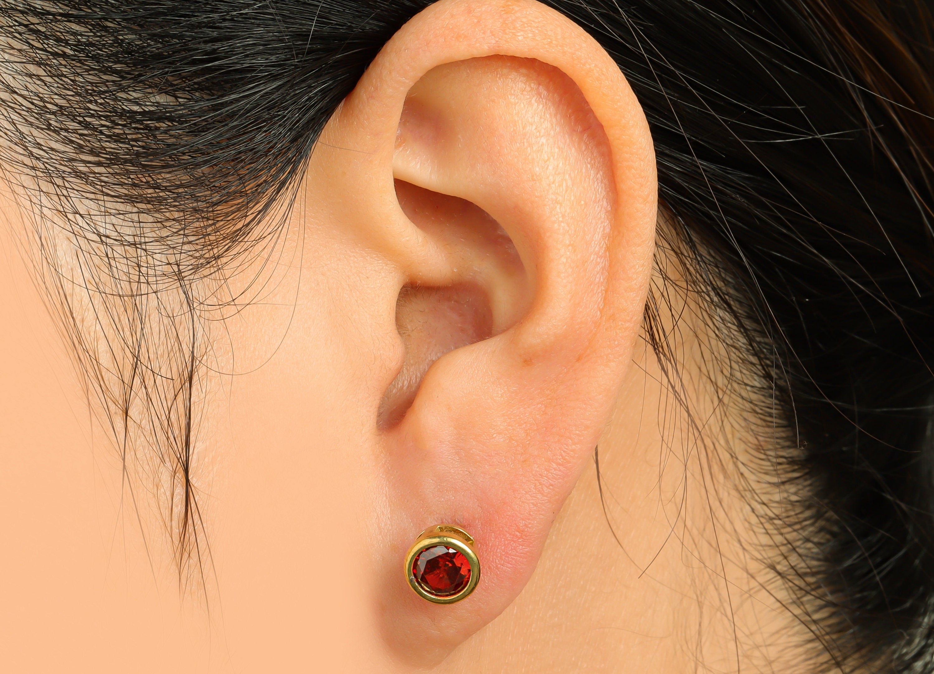 Deep Garnet (CZ-13D) Zircon Earring Stud - Raw Brass Round Earring Post - Cubic Zircon Earring Post - 16.6x7.68x5.5mm - PP9682G - DOMEDBAZAAR