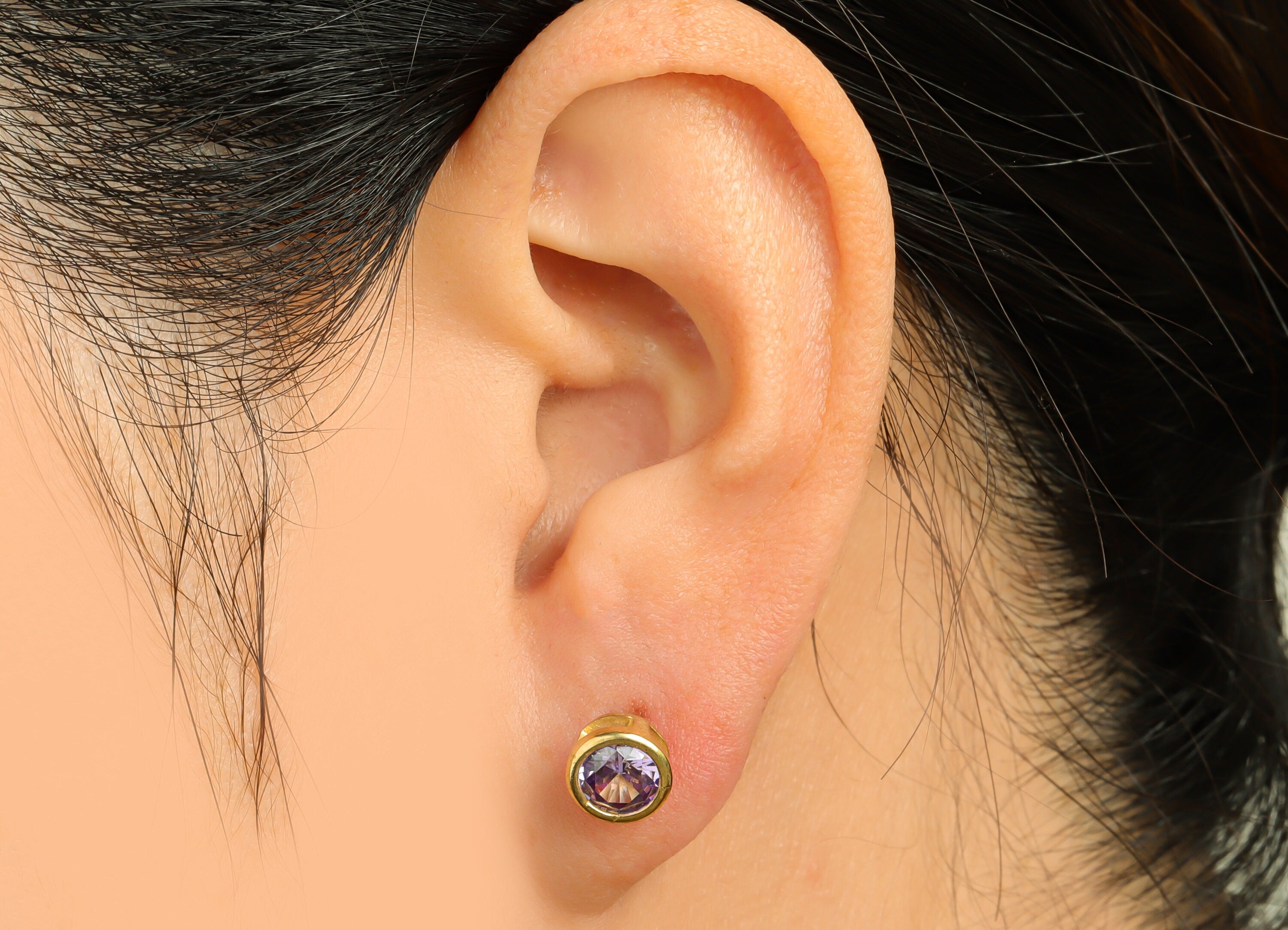 light Amethyst (CZ-09L) Zircon Earring Stud - Raw Brass Round Earring Post - Cubic Zircon Earring Post - 16.6x7.68x5.5mm - PP9682Y - DOMEDBAZAAR