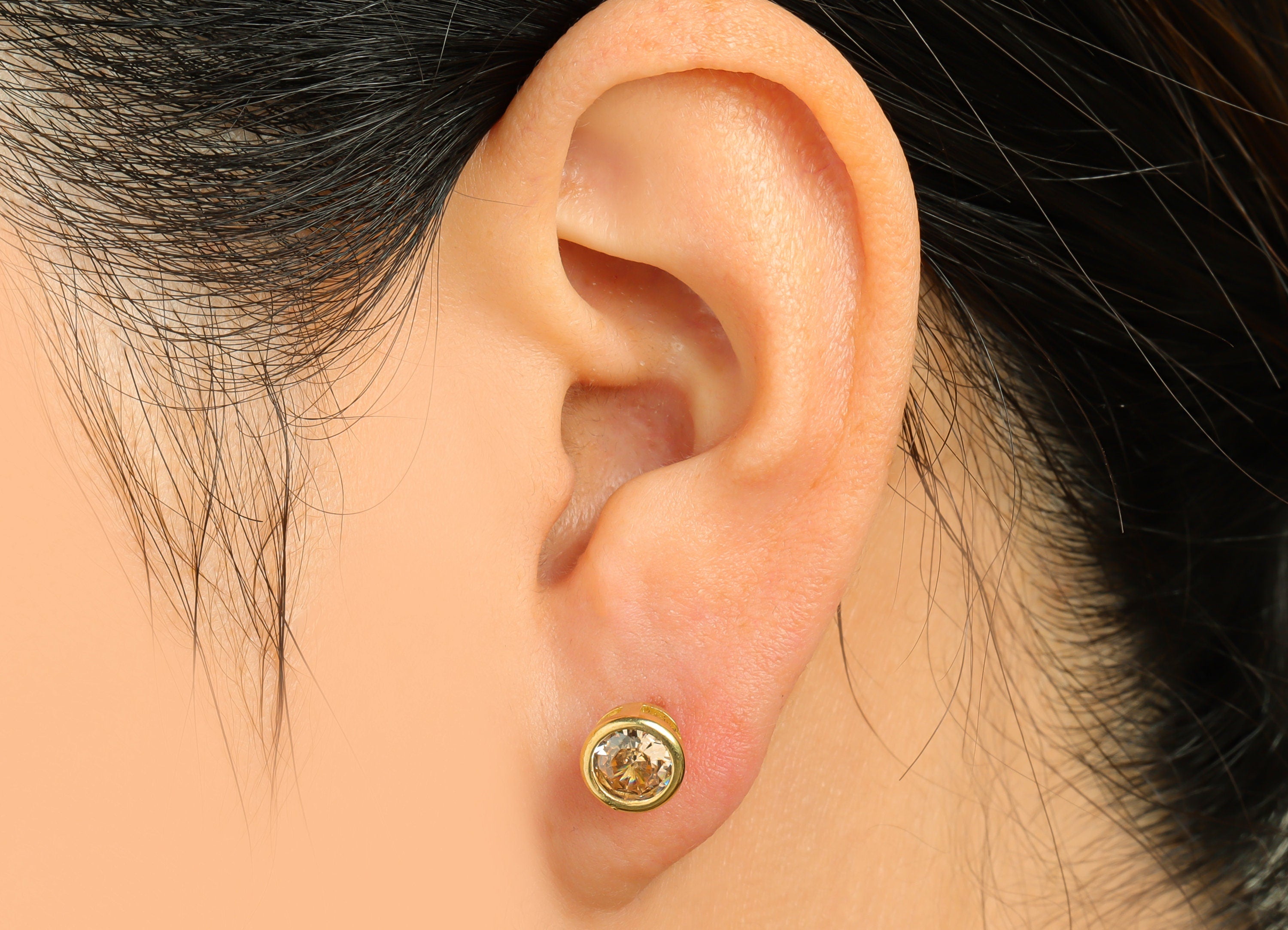 Champagne(CZ-19) Zircon Earring Stud - Raw Brass Round Earring Post - Cubic Zircon Earring Post - 16.6x7.68x5.5mm - PP9682X - DOMEDBAZAAR