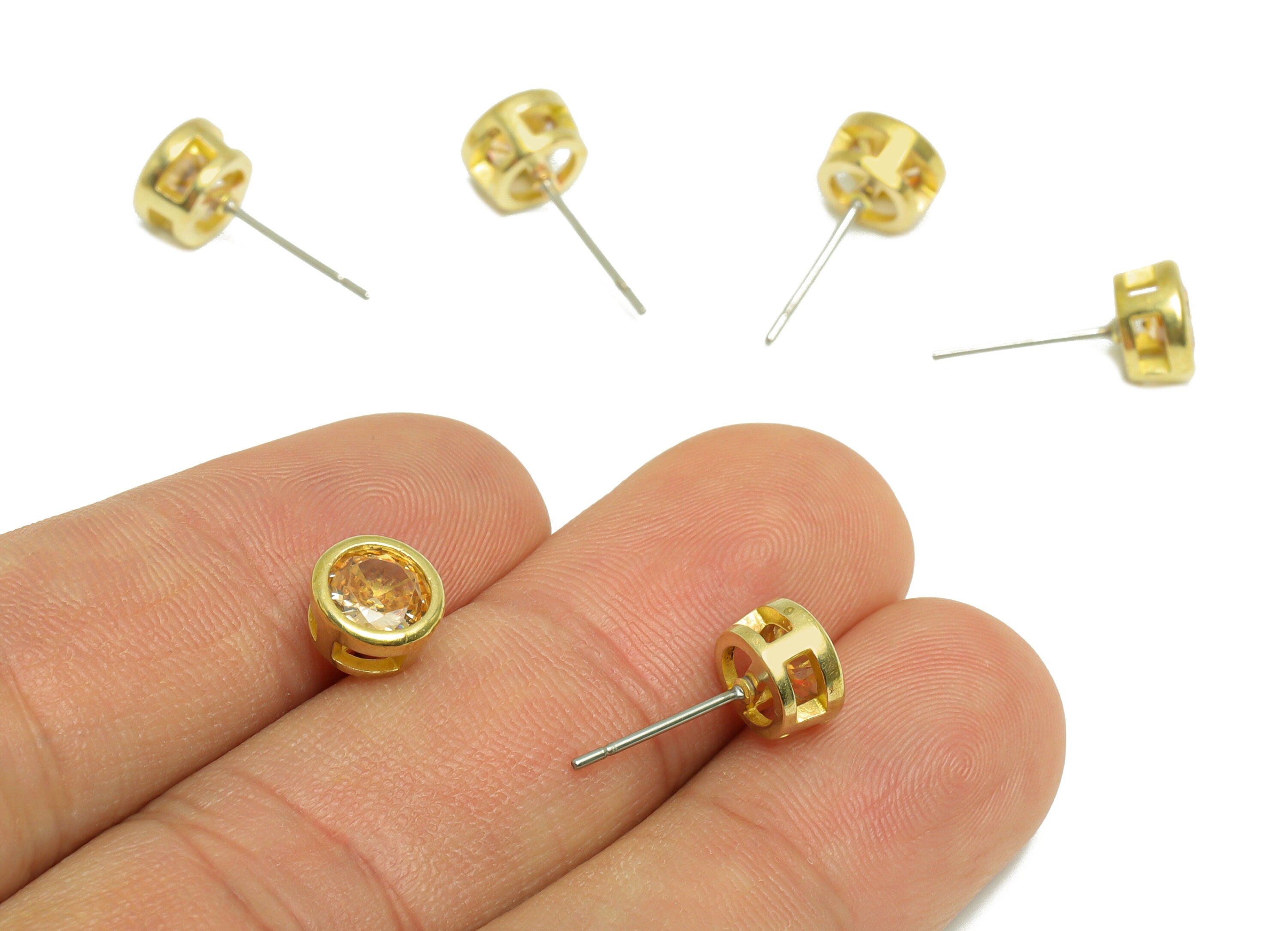 Champagne (CZ-19) Zircon Earring Stud - Raw Brass Round Earring Post - Cubic Zircon Earring Post - 16.6x7.68x5.5mm - PP9682R - DOMEDBAZAAR