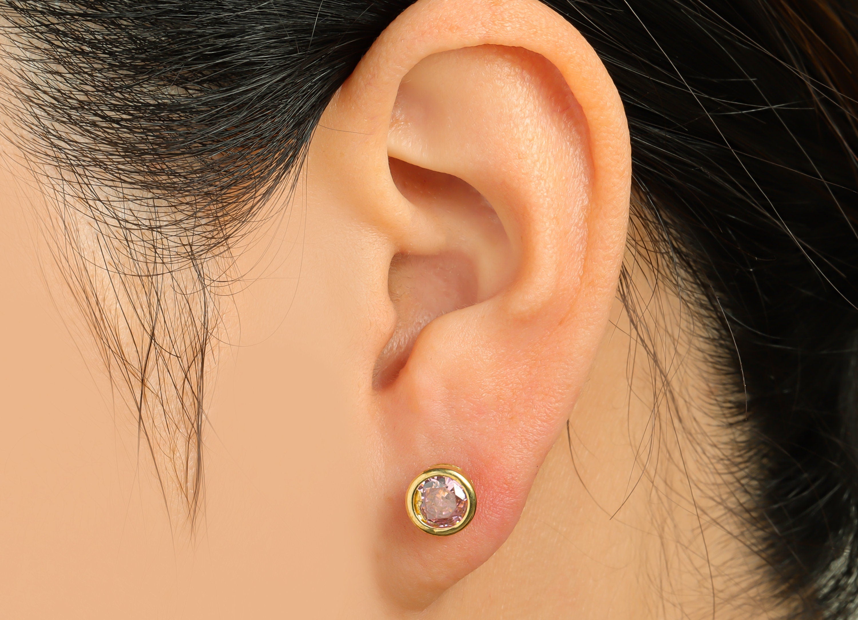 Pink (CZ-01) Zircon Earring Stud - Raw Brass Round Earring Post - Cubic Zircon Earring Post - 16.6x7.68x5.5mm - PP9682C - DOMEDBAZAAR