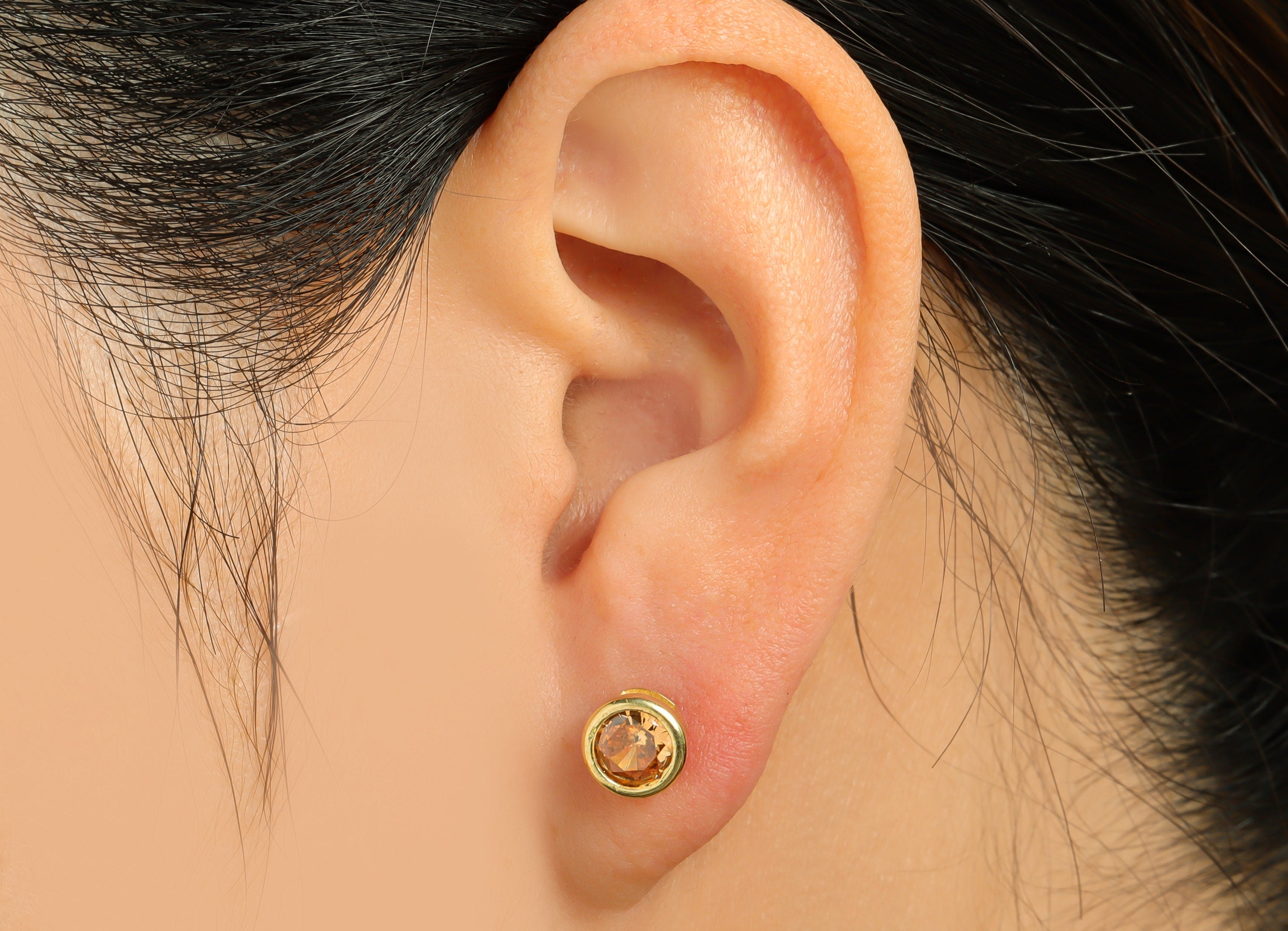 D- Champagne(CZ-20) Zircon Earring Stud - Raw Brass Round CZ Earring Post - Cubic Zircon Earring Post - 16.6x7.68x5.5mm - PP9682U - DOMEDBAZAAR