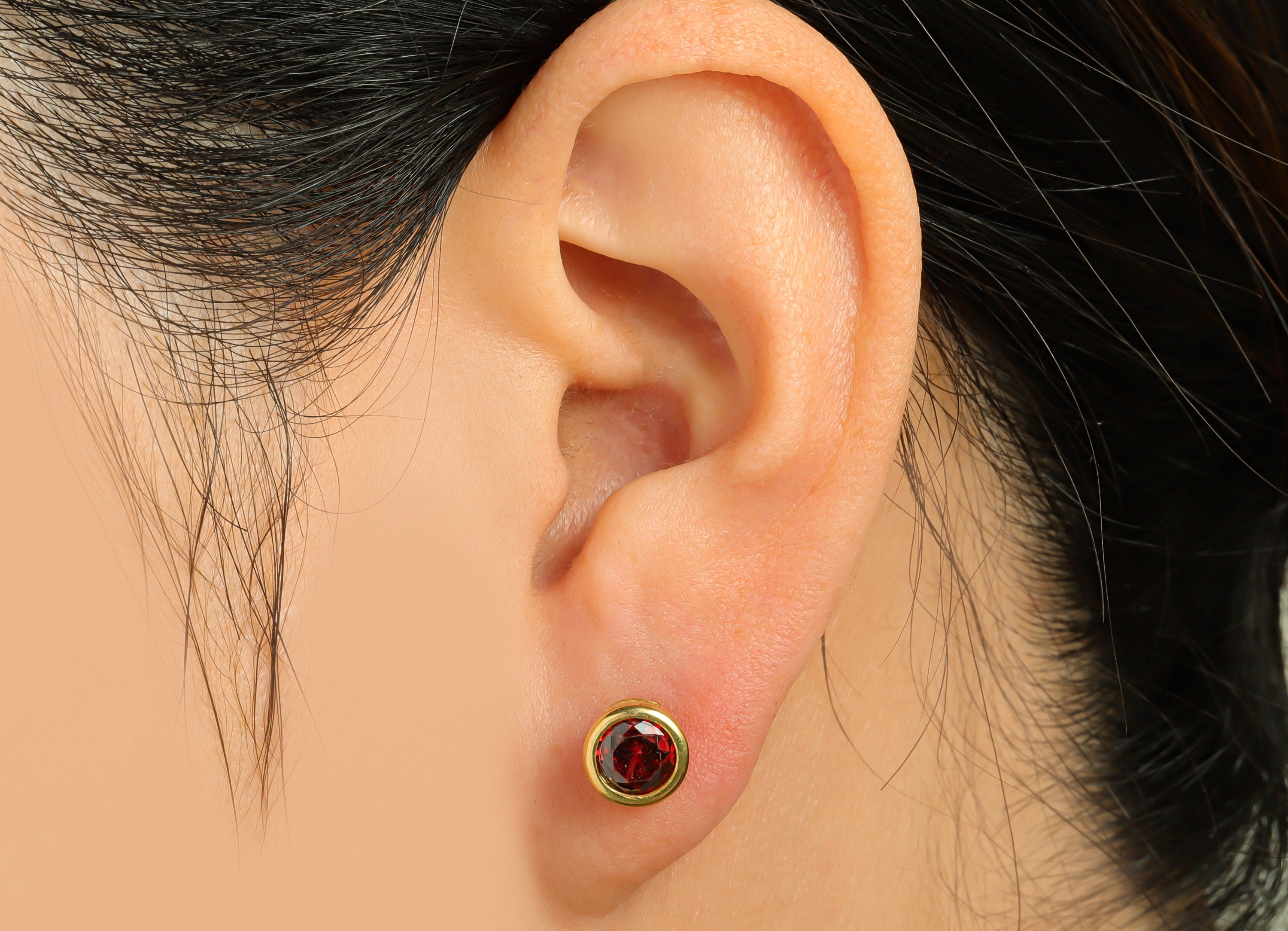 Garnet (CZ-13) Zircon Earring Stud - Raw Brass Round CZ Earring Post - Cubic Zircon Earring Post - 16.6x7.68x5.5mm - PP9682F - DOMEDBAZAAR
