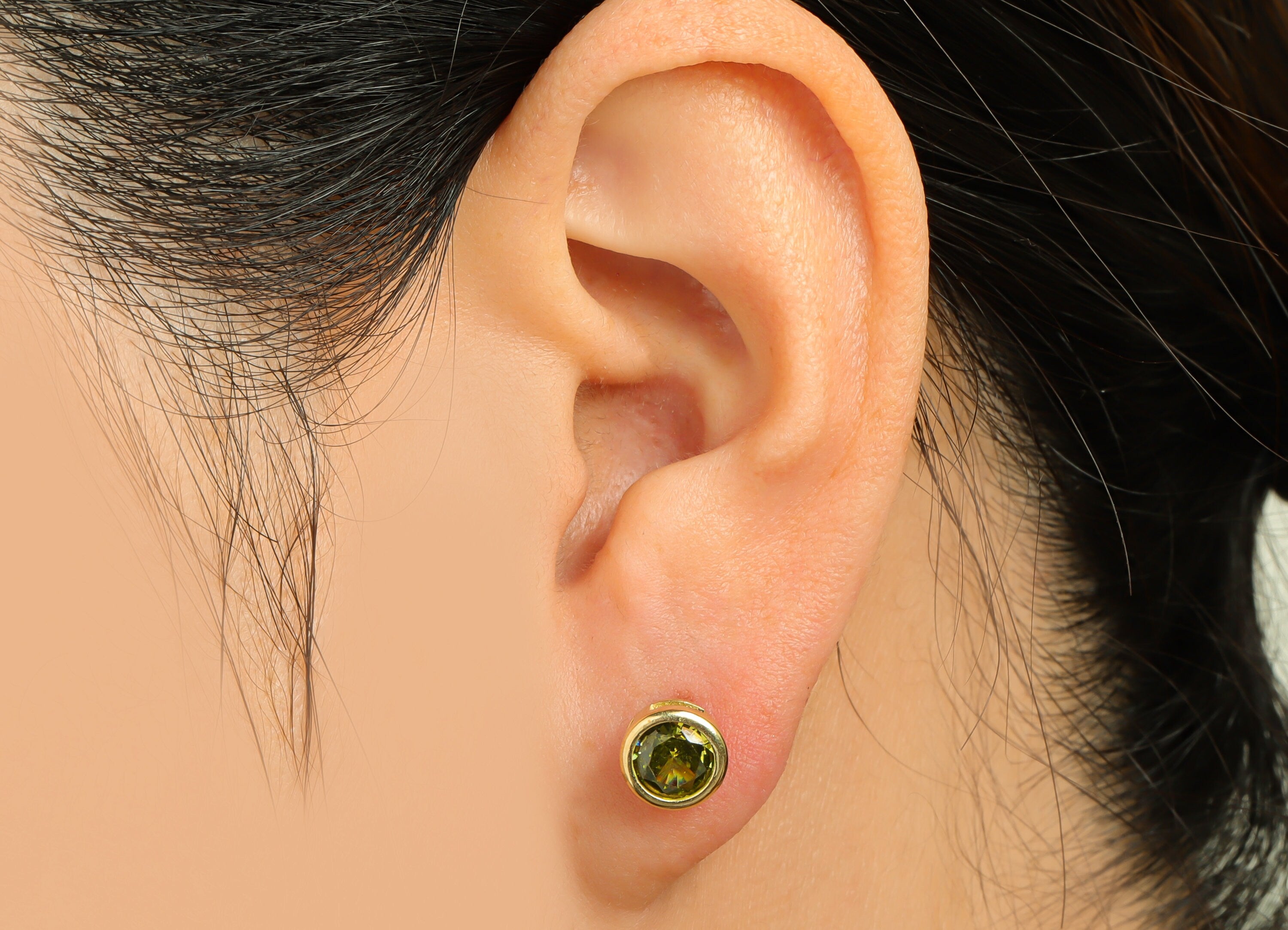 D-Peridot (CZ-16) Zircon Earring Stud - Raw Brass Round CZ Earring Post - Cubic Zircon Earring Post - 16.6x7.68x5.5mm - PP9682L - DOMEDBAZAAR