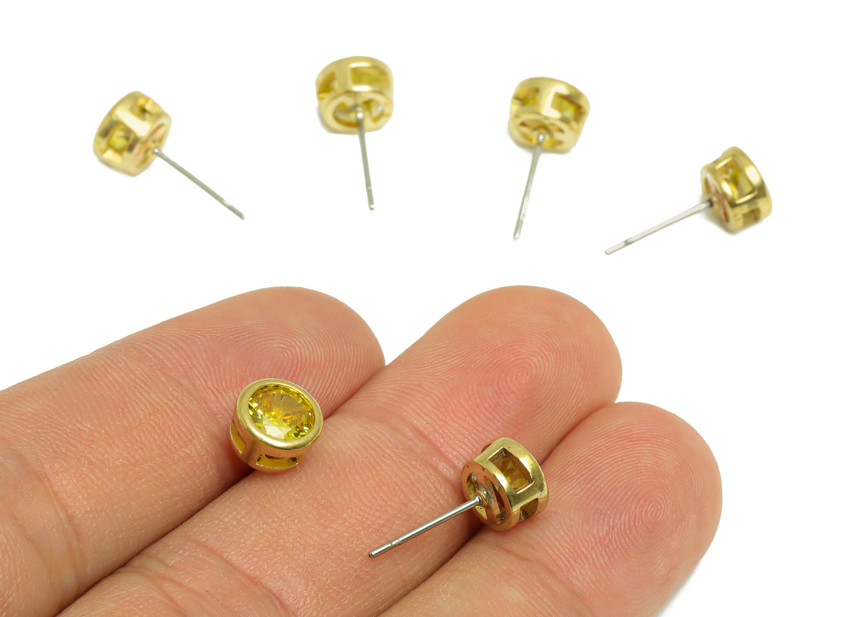 Yellow (CZ-04) Zircon Earring Stud - Raw Brass Round CZ Earring Post - Cubic Zircon Earring Post - 16.6x7.68x5.5mm - PP9682P - DOMEDBAZAAR