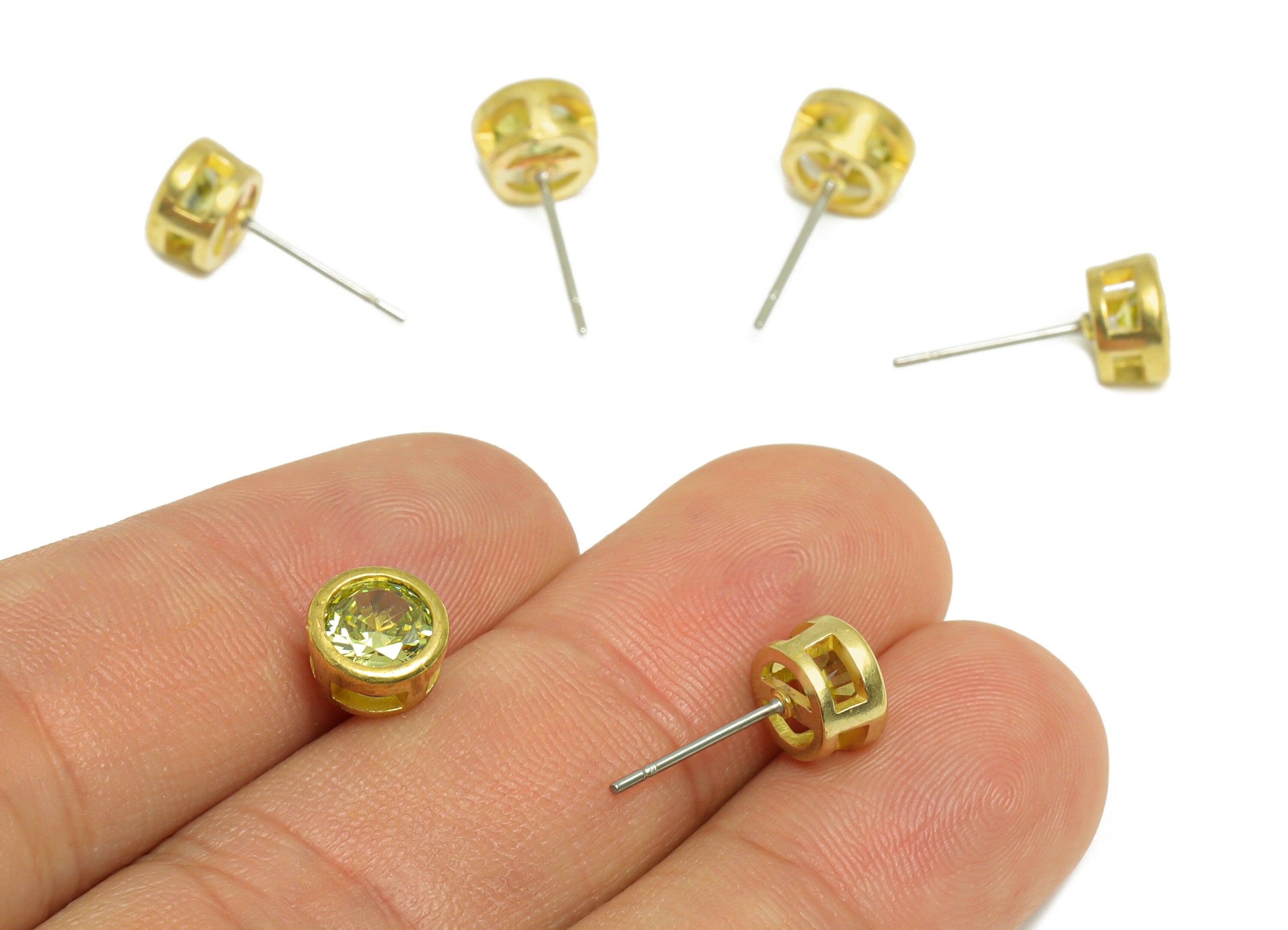Olive (CZ-14) Zircon Earring Stud - Raw Brass Round CZ Earring Post - Cubic Zircon Earring Post - 16.6x7.68x5.5mm - PP9682K - DOMEDBAZAAR