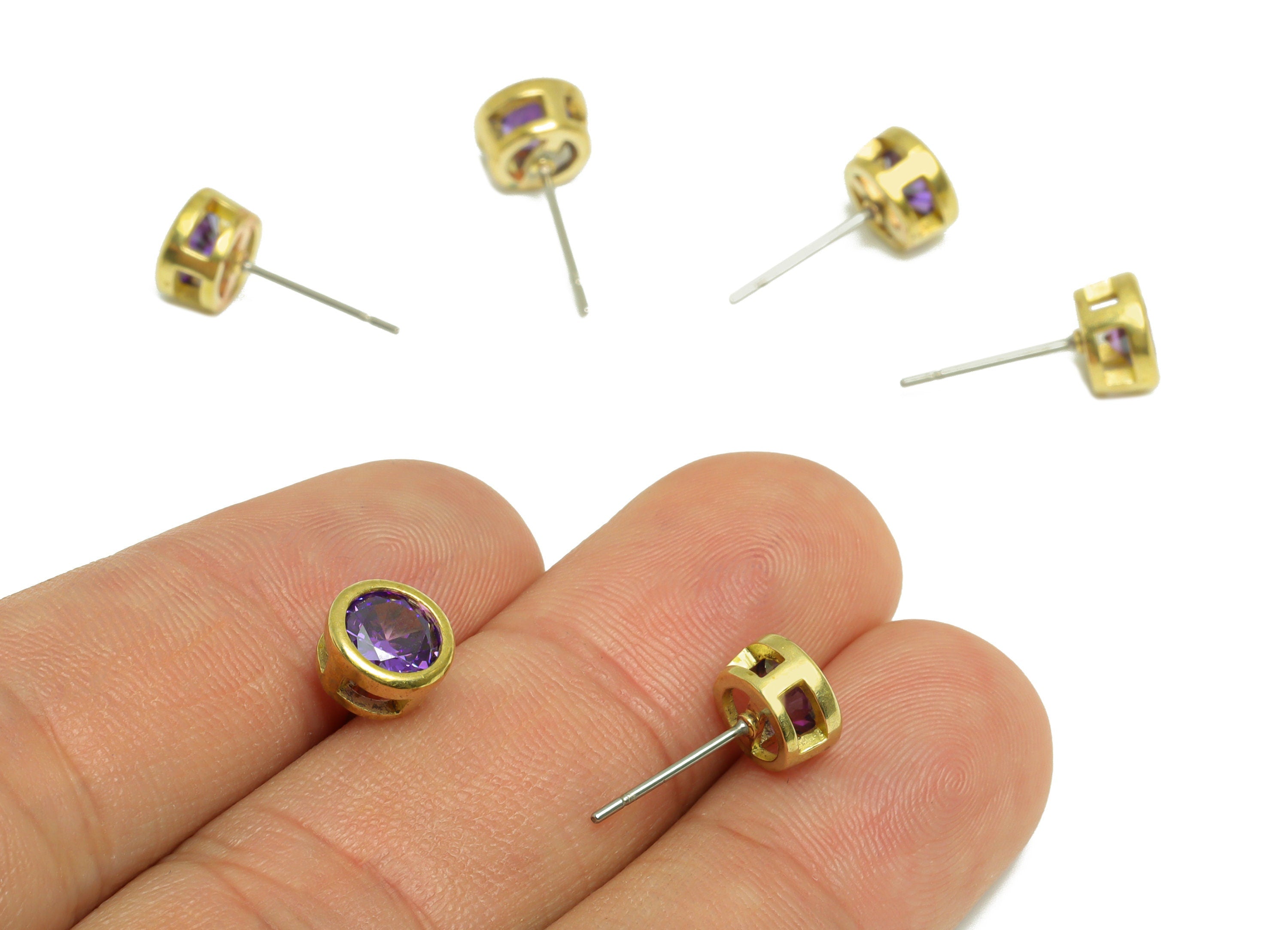D-Amethyst(CZ-10) Zircon Earring Stud - Raw Brass Round CZ Earring Post - Cubic Zircon Earring Post - 16.6x7.68x5.5mm - PP9682T - DOMEDBAZAAR