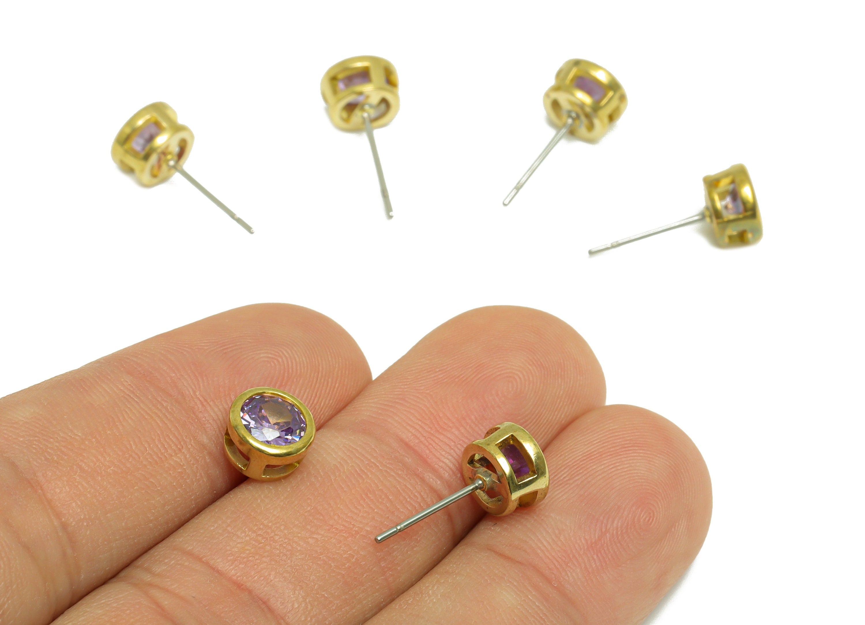 Light Amethyst (CZ-09L) Zircon Earring Stud - Raw Brass Round CZ Earring Post - Cubic Zircon Earring Post - 16.6x7.68x5.5mm - PP9682W - DOMEDBAZAAR
