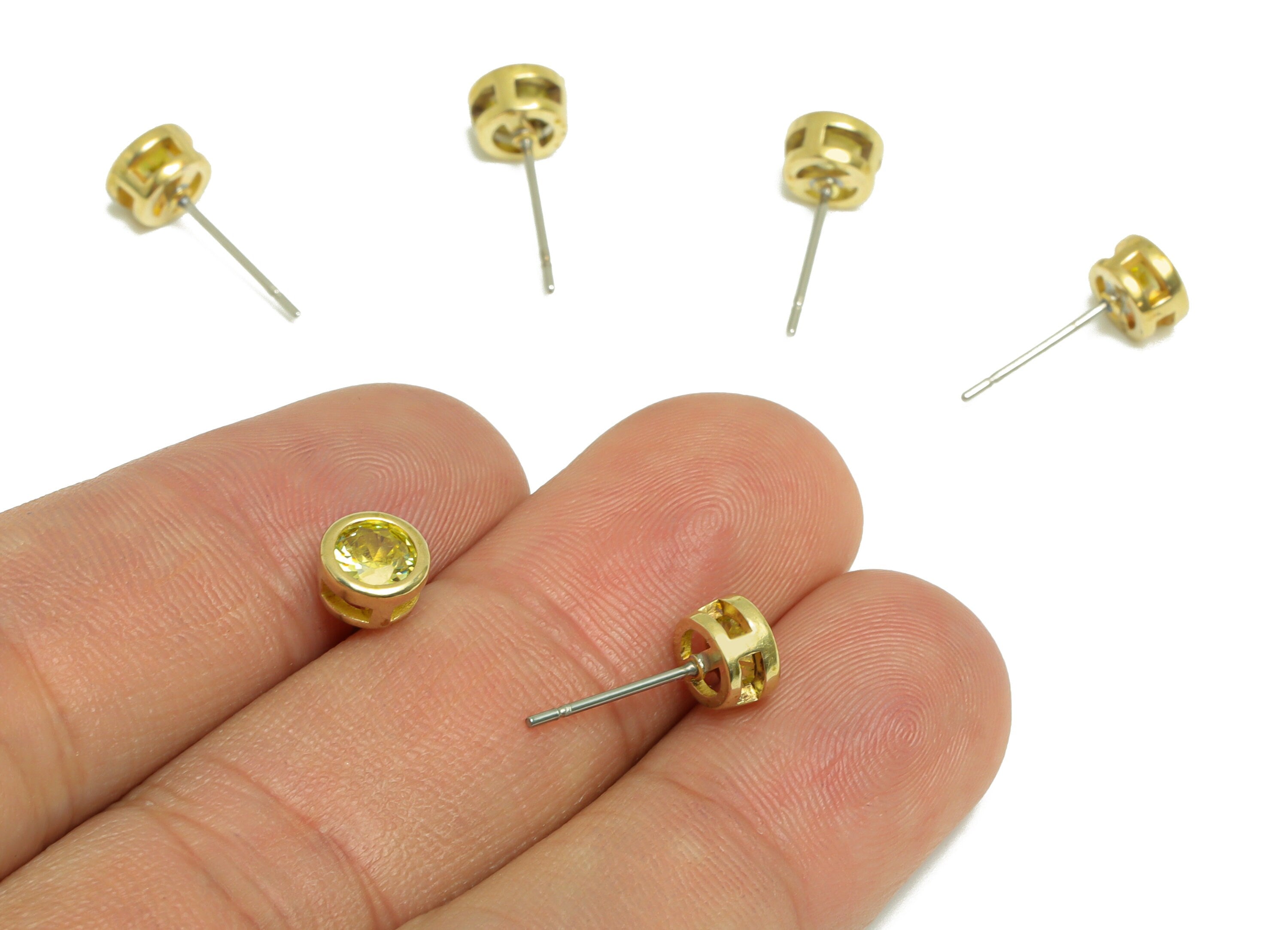 Yellow (CZ-04) Zircon Earring Stud - Raw Brass Minimalist CZ Earring Post - Cubic Zircon Earring Post - 16.04x6.6x4.4mm - PP9838G - DOMEDBAZAAR