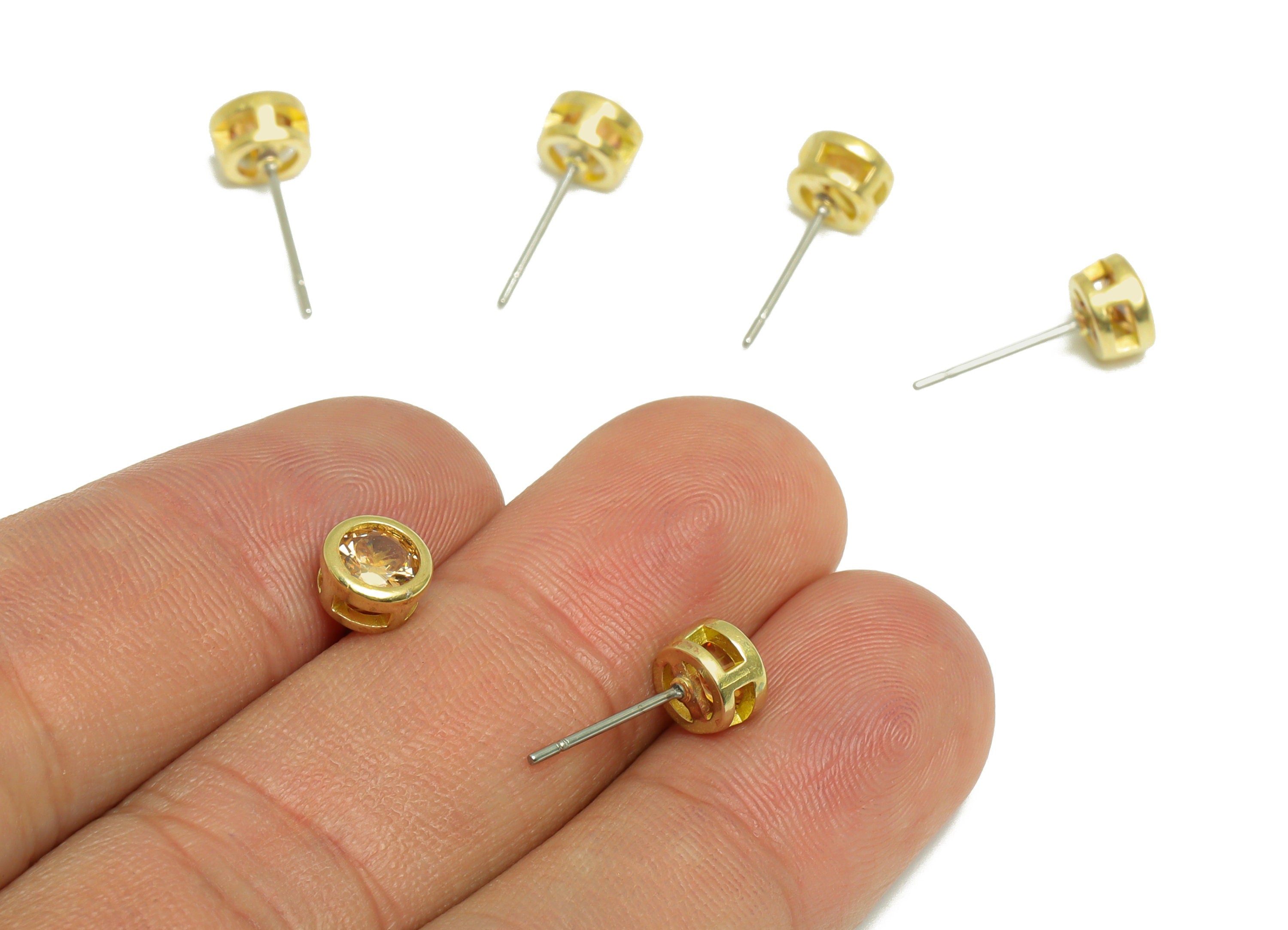 Deep Champagne (CZ-20) Zircon Earring Stud - Raw Brass Minimalist CZ Earring Post - Cubic Zircon Earring Post - 16.04x6.6x4.4mm - PP9838N - DOMEDBAZAAR