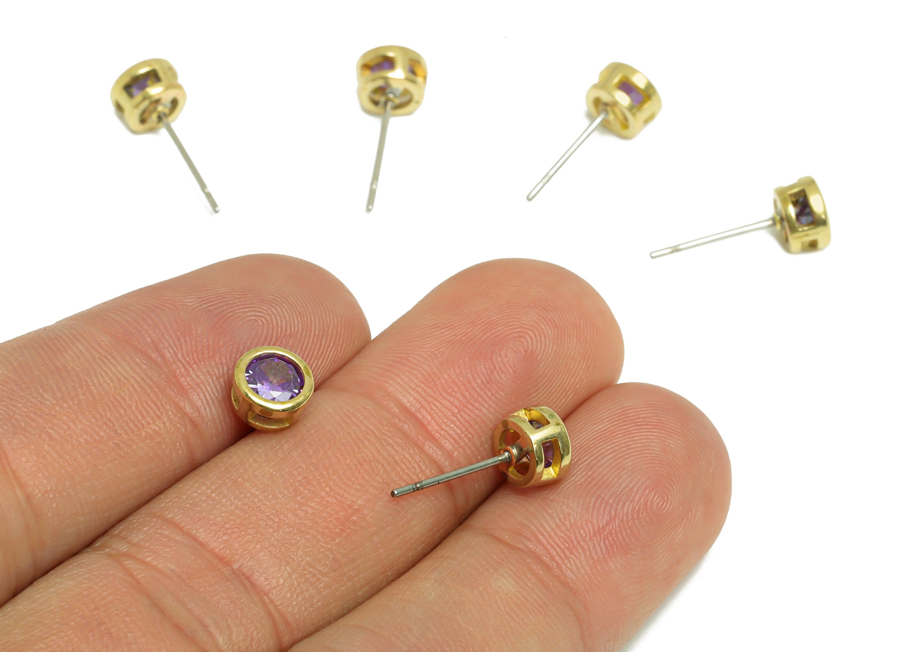 Deep Violet (CZ-08) Zircon Earring Stud - Raw Brass Minimalist CZ Earring Post - Cubic Zircon Earring Post - 16.04x6.6x4.4mm - PP9838U - DOMEDBAZAAR