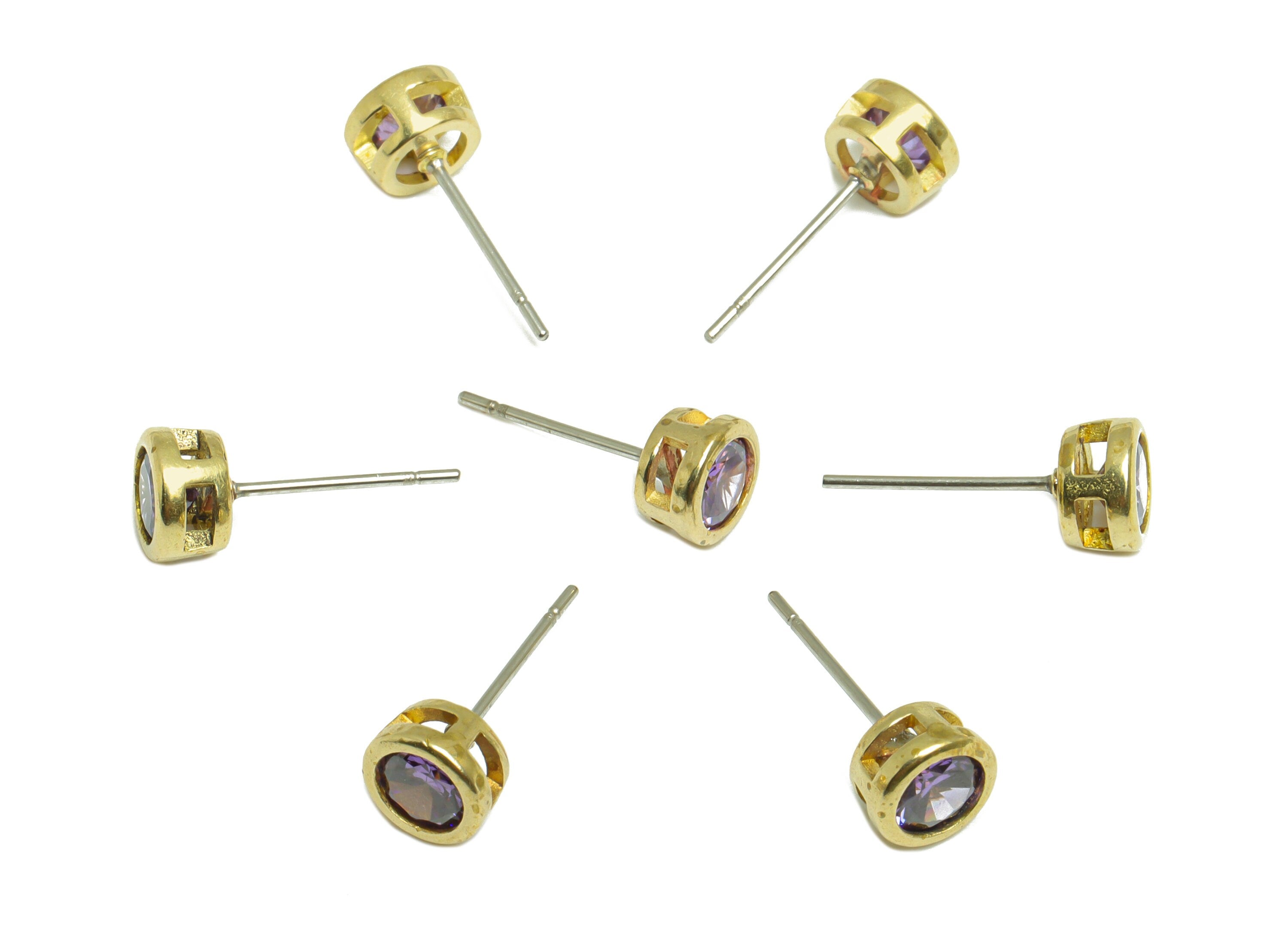 Amethyst (CZ-09) Zircon Earring Stud - Raw Brass Minimalist CZ Earring Post - Cubic Zircon Earring Post - 16.04x6.6x4.4mm - PP9838Z - DOMEDBAZAAR