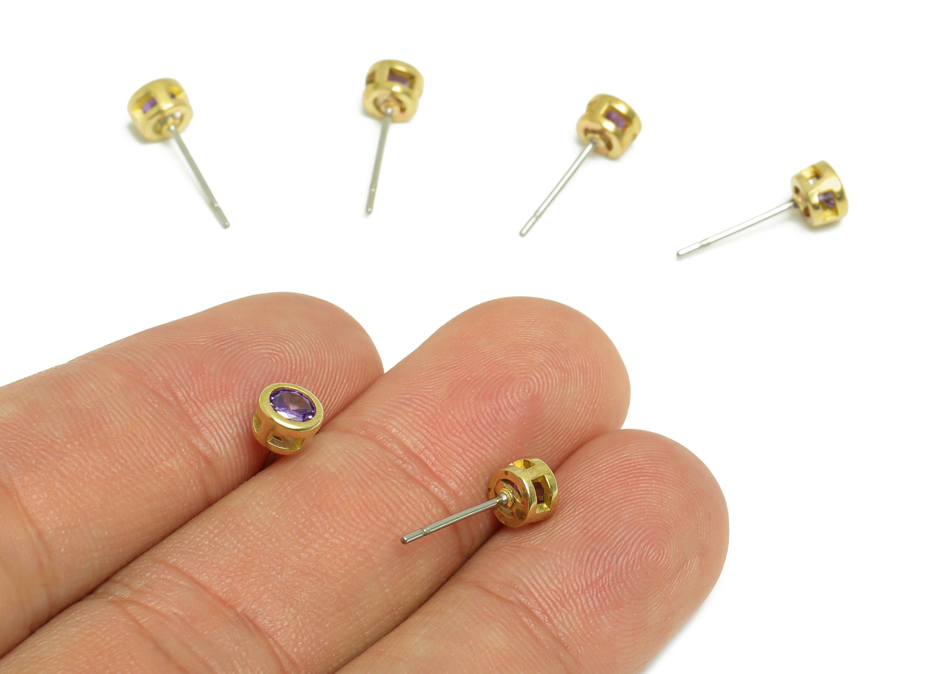 Amethyst (CZ-10) Zircon Earring Stud - Raw Brass Minimalist CZ Earring Post - Cubic Zircon Earring Post - 15.6x5.4x3.5mm - PP9825B - DOMEDBAZAAR