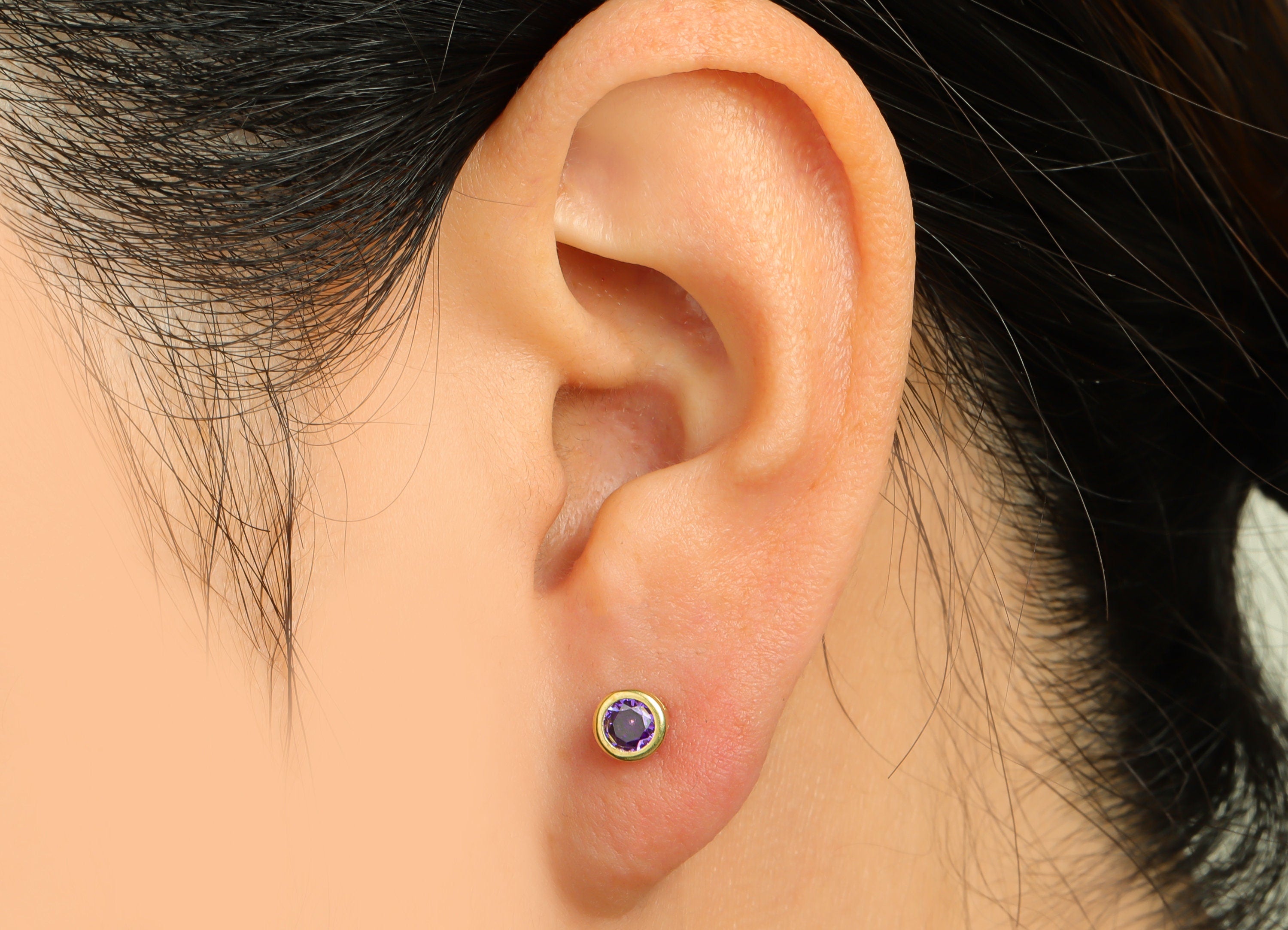 Amethyst (CZ-10) Zircon Earring Stud - Raw Brass Minimalist CZ Earring Post - Cubic Zircon Earring Post - 15.6x5.4x3.5mm - PP9825B - DOMEDBAZAAR