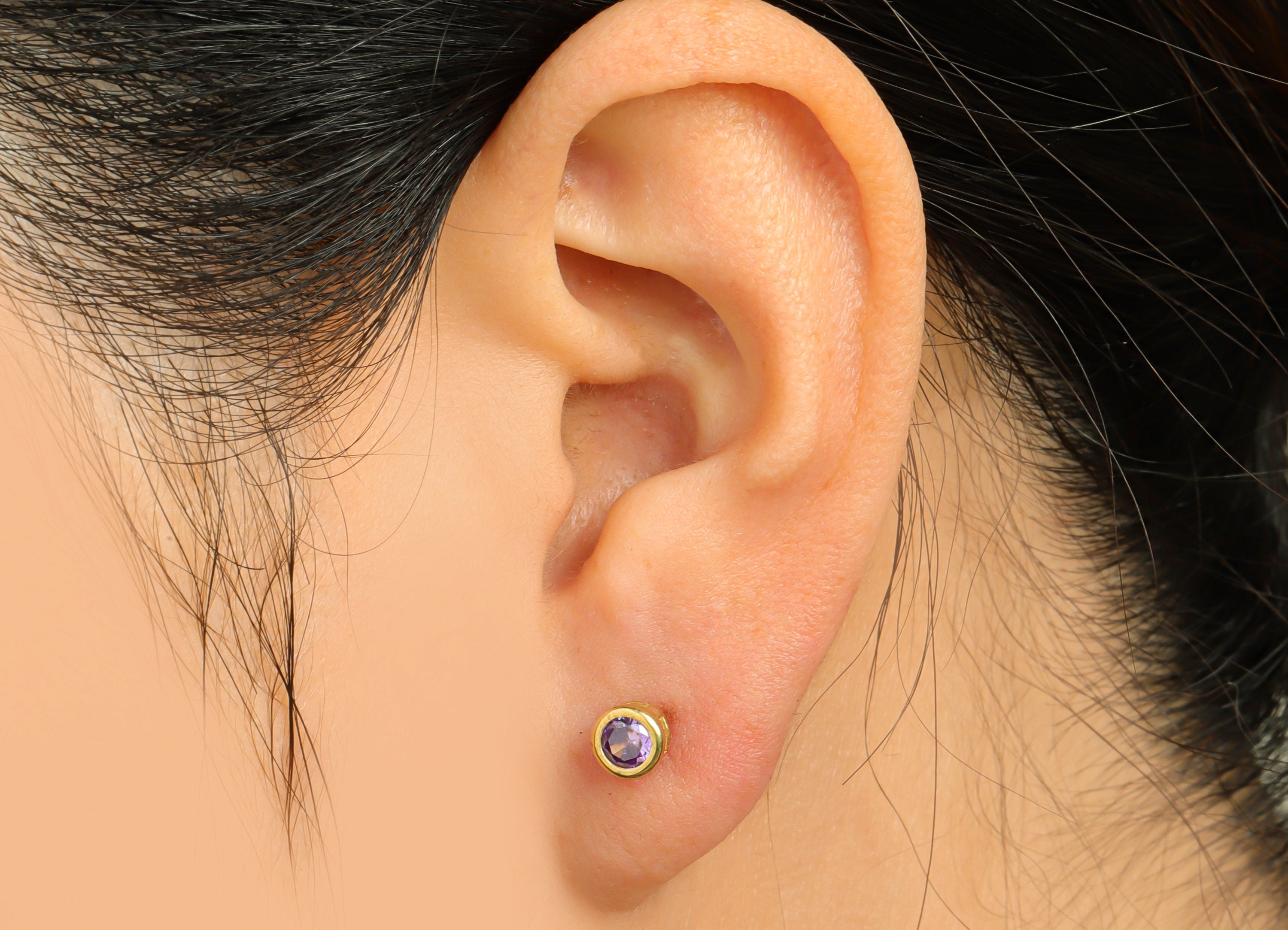 Amethyst (CZ-09) Zircon Earring Stud - Raw Brass Minimalist CZ Earring Post - Cubic Zircon Earring Post - 15.6x5.4x3.5mm - PP9825G - DOMEDBAZAAR