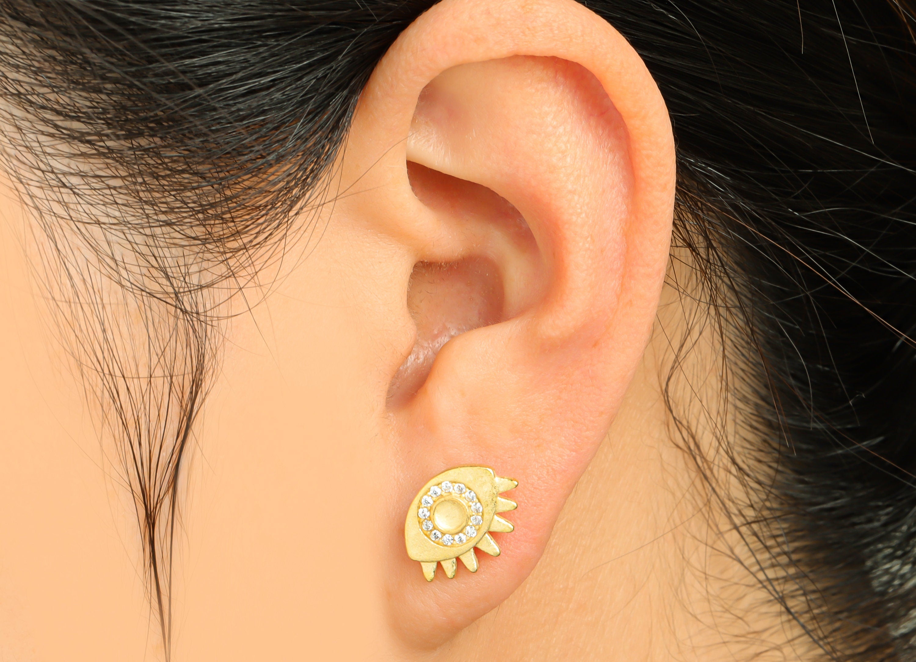 Brass CZ Eye Earring Post - Raw Brass Cubic Zircon Eye Earring Post - Brass Zircon Eyelash Earring Post - Earring Stud - 14x13x2mm - PP10338 - DOMEDBAZAAR