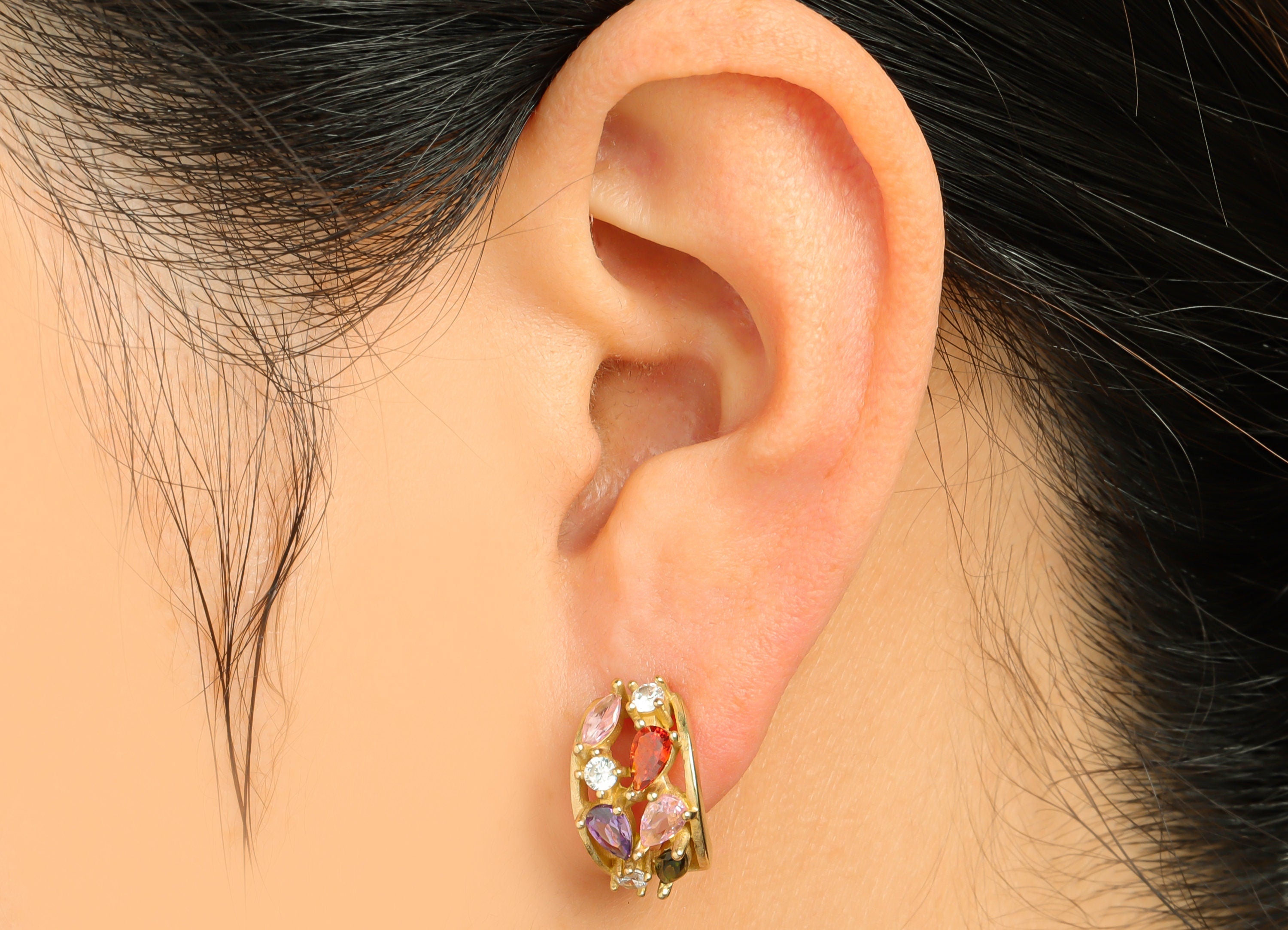 Brass CZ Round Huggie Hoop Earring - Raw Brass Cubic Zircon Hoop Huggie Earring - Brass Rainbow Huggie Hoop Earring - 17.08x16x9mm - PP10333 - DOMEDBAZAAR