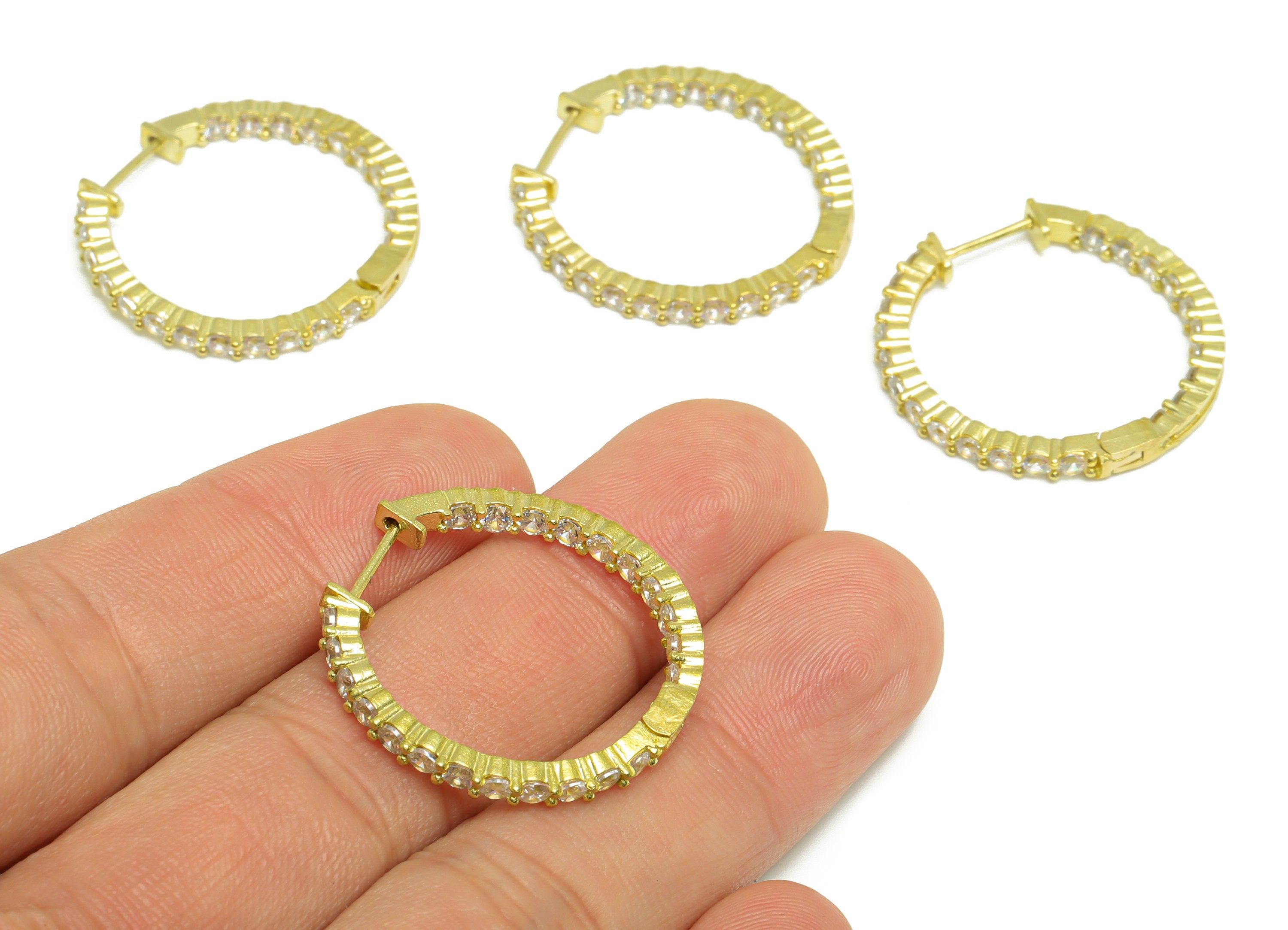 Brass CZ Huggie Hoop Earring - Brass Hoop Cubic Zircon Earring - Brass Huggie Earring - Zircon Huggie Hoop Clasp - 28.5x28x2.7mm - PP9997 - DOMEDBAZAAR