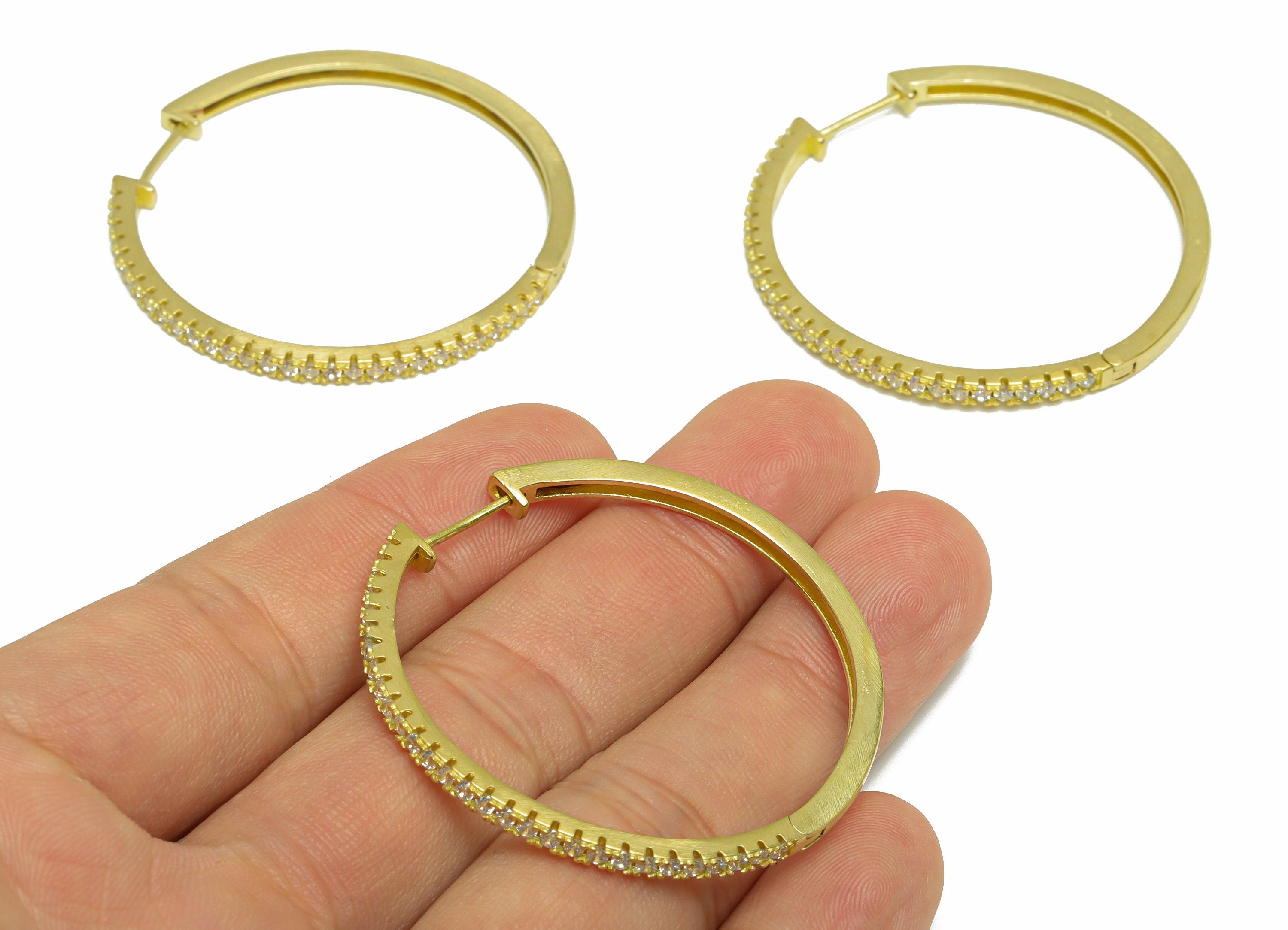 Brass CZ Huggie Hoop Earring - Brass Hoop Cubic Zircon Earring - Large Huggie Earring - Zircon Huggie Hoop Clasp - 45x44x3mm - PP9999 - DOMEDBAZAAR