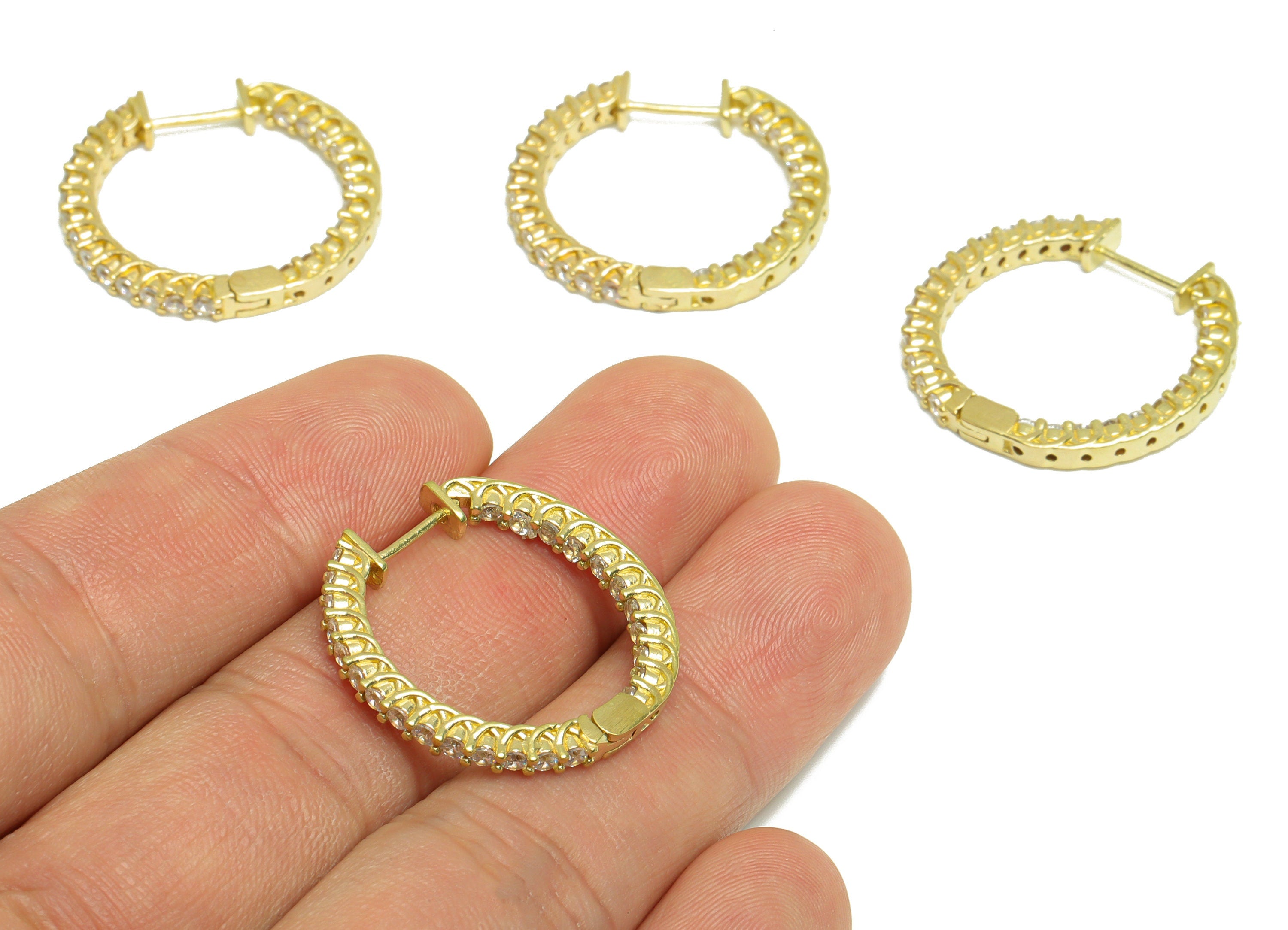 Brass CZ Huggie Hoop Earring - Brass Hoop Cubic Zircon Earring - Textured Huggie Earring - Zircon Huggie Hoop Clasp - 26x25.3x2mm - PP10004 - DOMEDBAZAAR