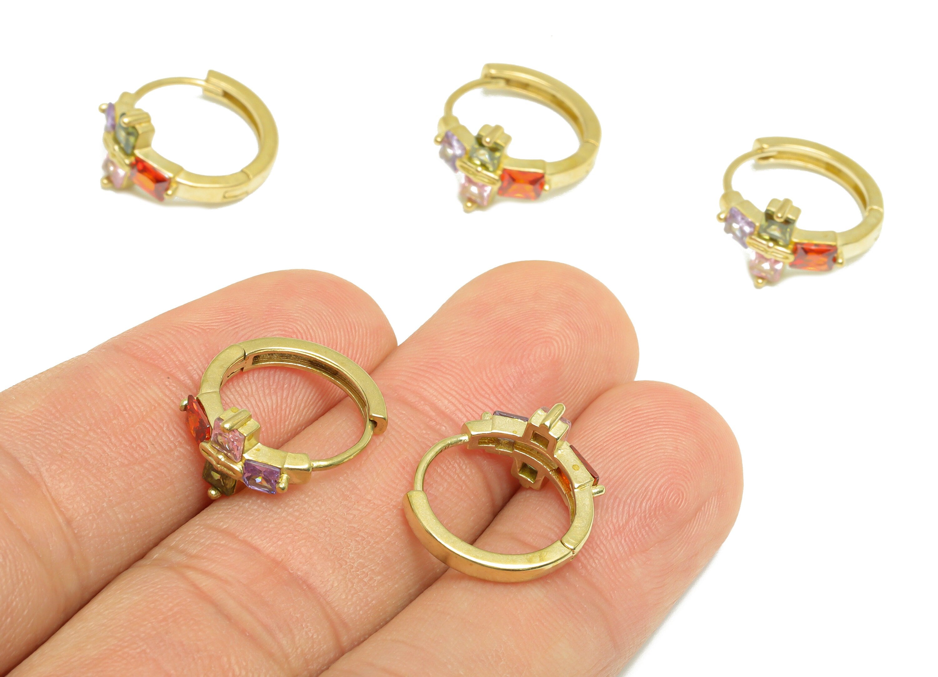 Brass CZ Huggie Hoop Earring - Brass Hoop Rainbow Zircon Earring - CZ Cross Huggie Hoop Earring - Huggie Hoop Clasp -16.9x15x8.9mm - PP9908 - DOMEDBAZAAR