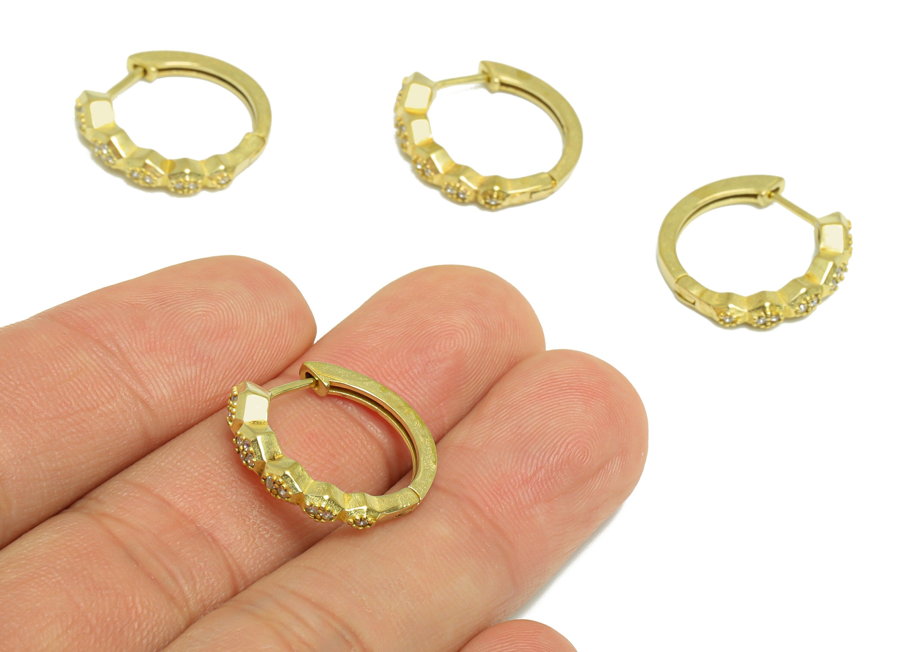 Brass CZ Huggie Hoop Earring - Brass Hoop Hexagon Zircon Earring - Brass Huggie Earring - Geometry Earring Hoop - 19x18.8x4.6mm - PP9996 - DOMEDBAZAAR