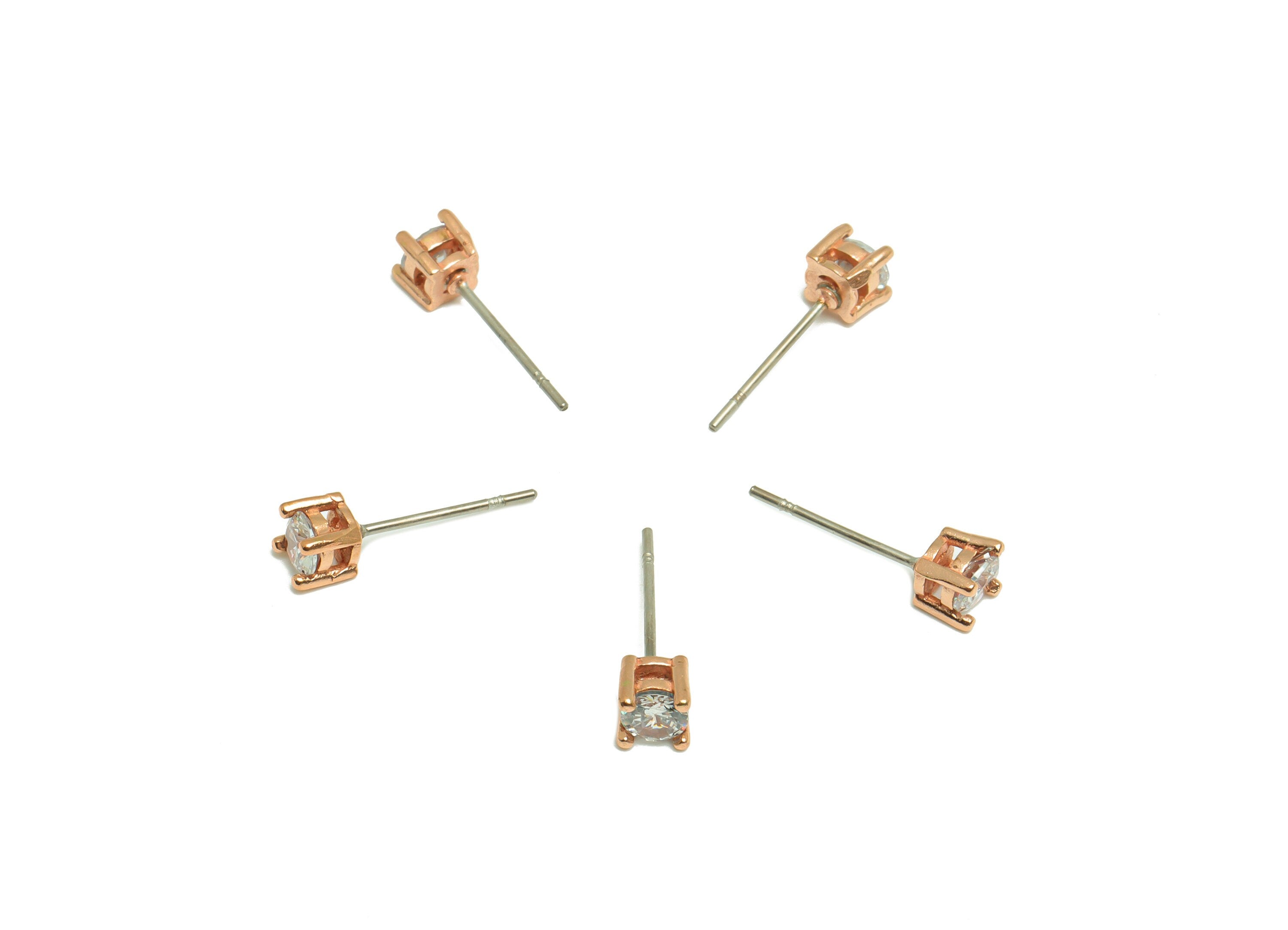 4mm CZ Minimalist Earring - Raw Brass Rose Gold CZ Earring Post - Cubic Zircon Earring Post - Stainless Steel Stud - 16x4x4.1mm - PP9890-4 - DOMEDBAZAAR