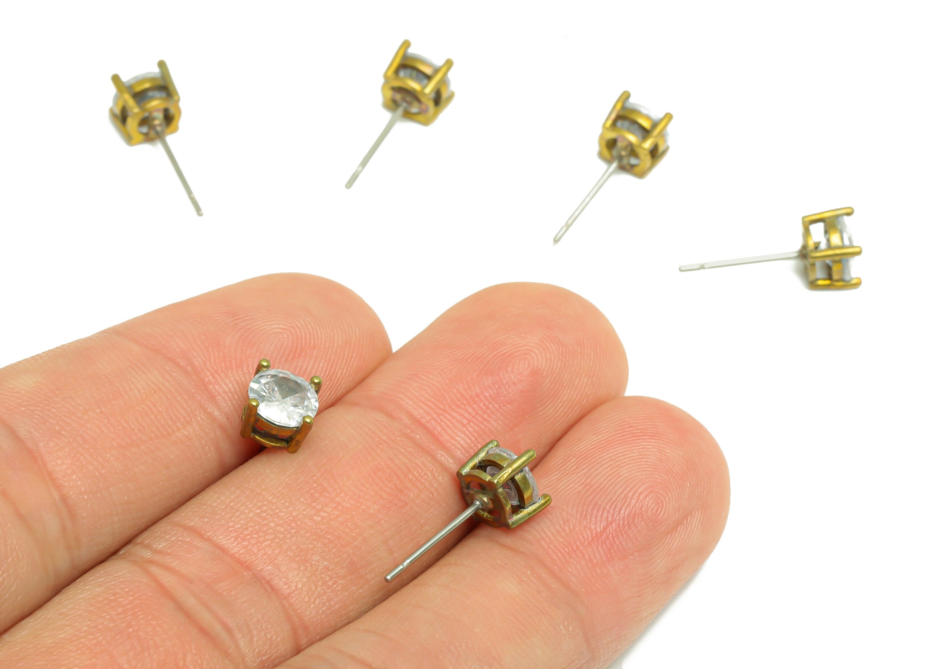 6mm CZ Minimalist Earring - Raw Brass Antique Bronze CZ Earring Post - Cubic Zircon Earring Post - Stainless Steel Stud - 16x6x4mm-PP9890-6 - DOMEDBAZAAR
