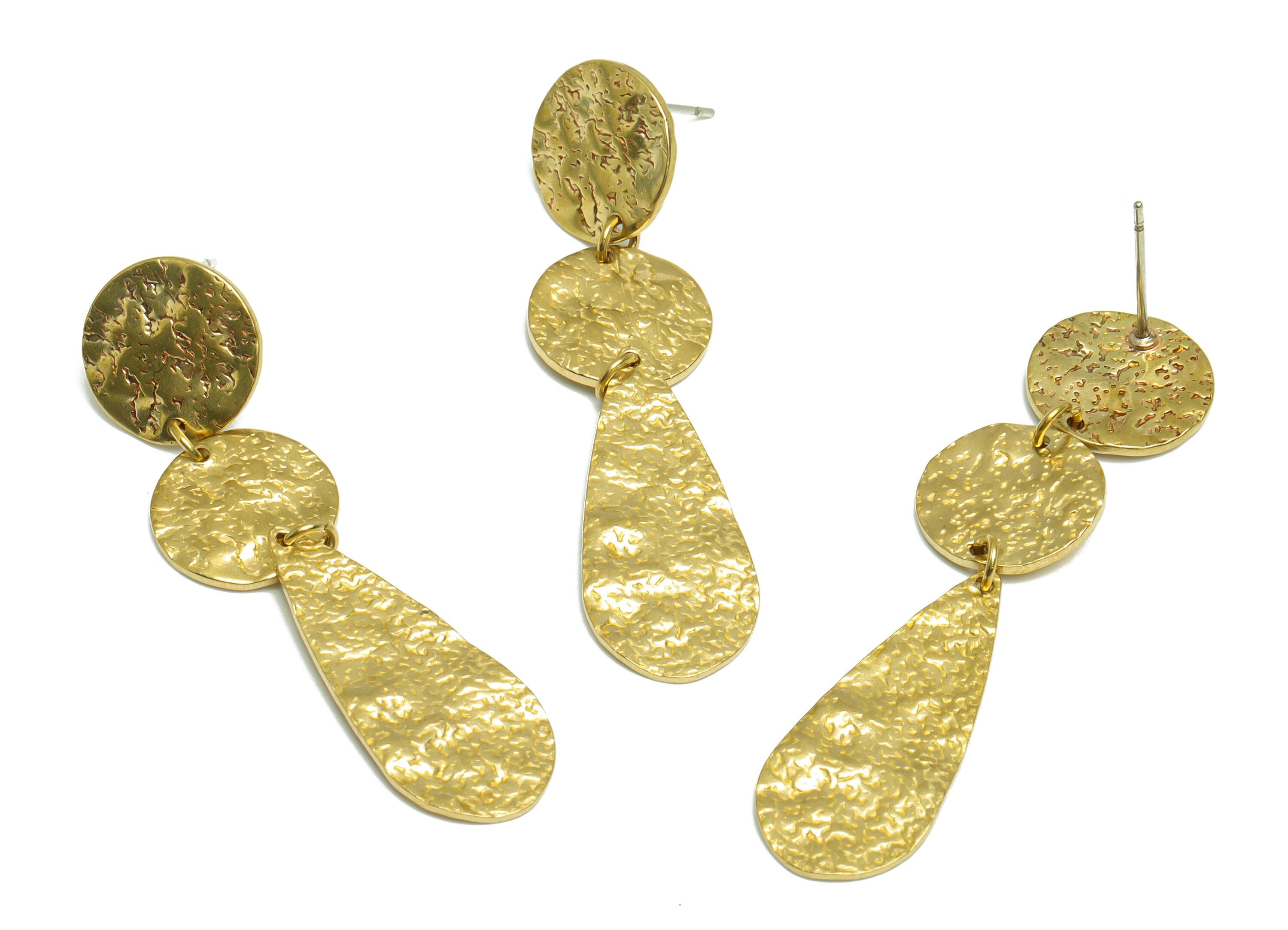 Brass Hammered Drop Earring Post - Brass Textured Round Earring Stud - Brass Hammered Dangel Earring Post - 49.8x12.8x1.4mm - PP9983 - DOMEDBAZAAR