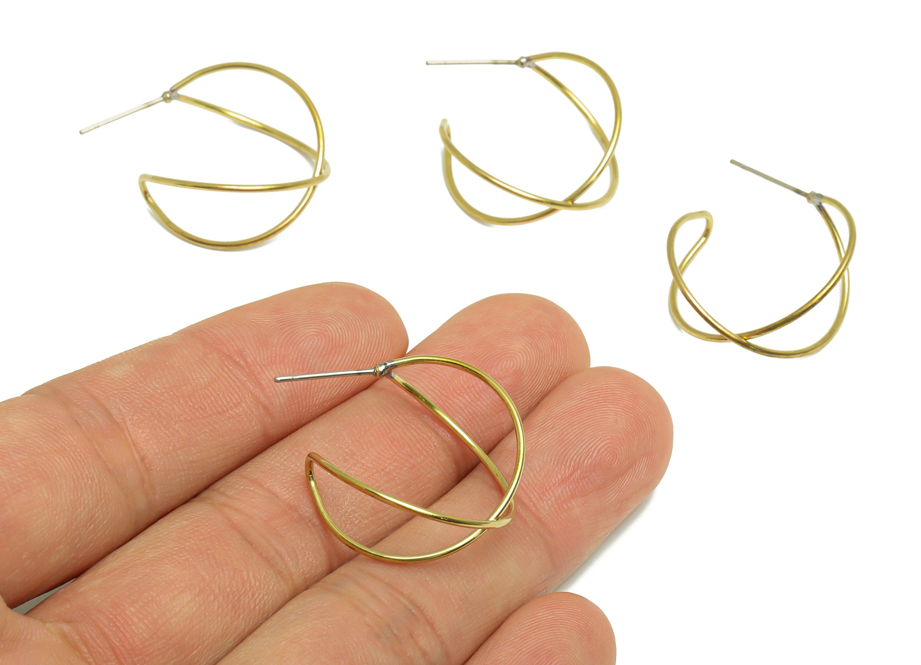 Brass Wire Hoop Earring Post - Brass Cross Hoop Earring Stud - Brass Wire C Hoop Earring Post - 30x22.3x11.8mm - PP9895 - DOMEDBAZAAR