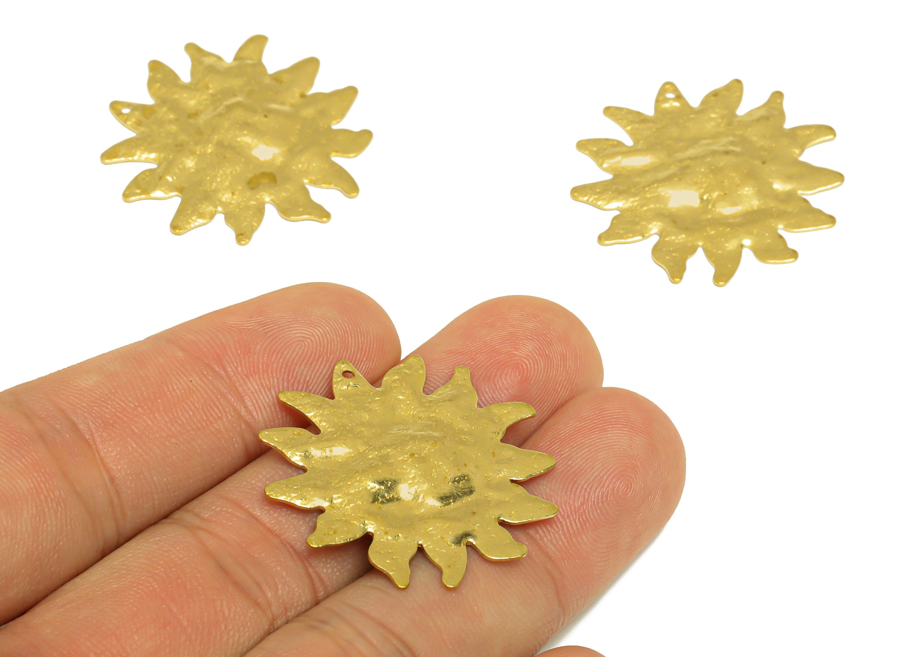 Hammered Sun Earring Charm - Raw Brass Sunshine Earring Charm - Brass Hammered Sun Pendant - Earring Finding - 31.5x30.3x1.56mm - PP10237 - DOMEDBAZAAR