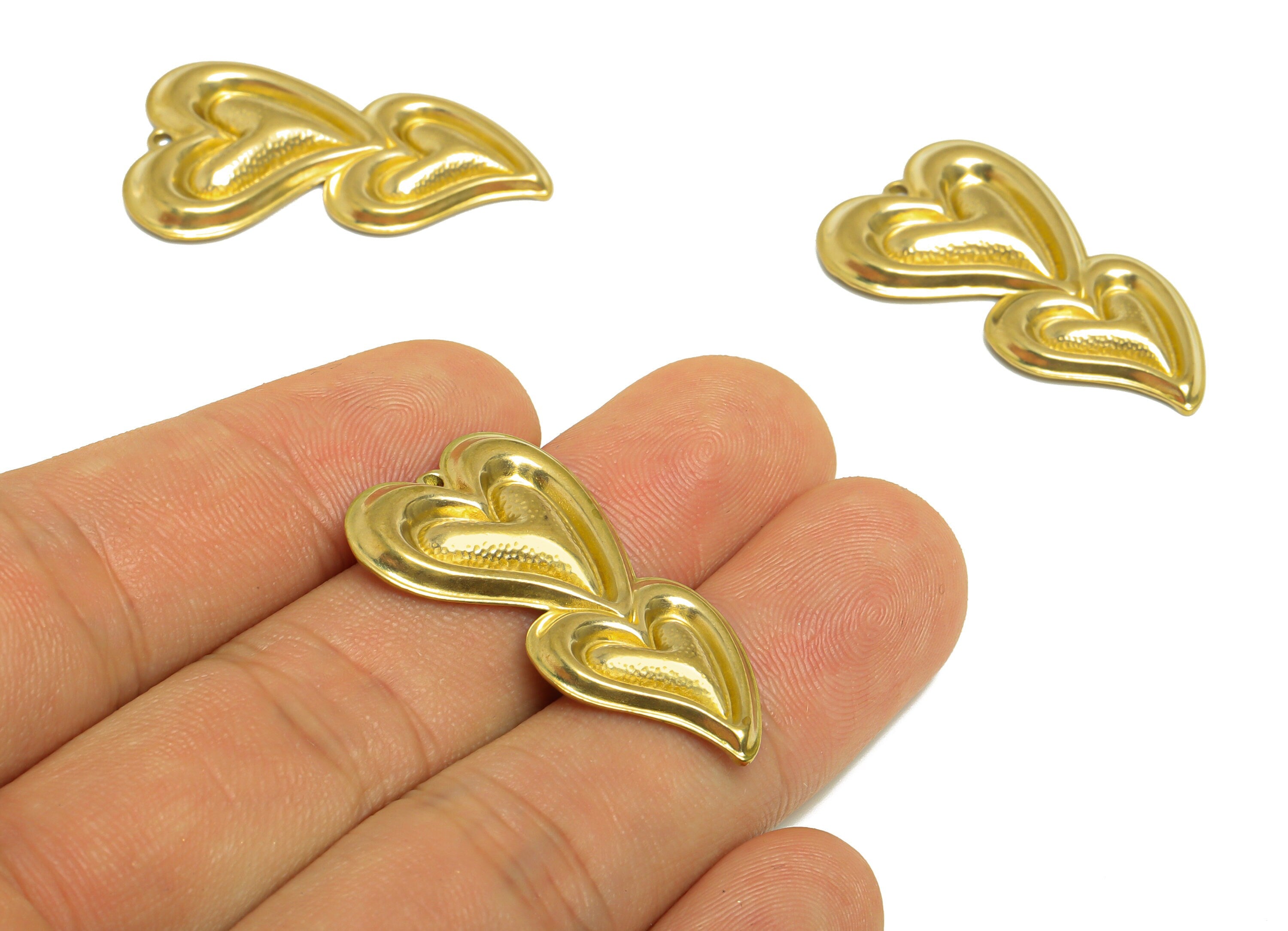 Brass Heart Earring Charm- Raw Brass Textured Heart Charm - Brass Double Heart Pendant - Cubic Heart Charm - 34.1x19.7x3.03mm - PP10175 - DOMEDBAZAAR