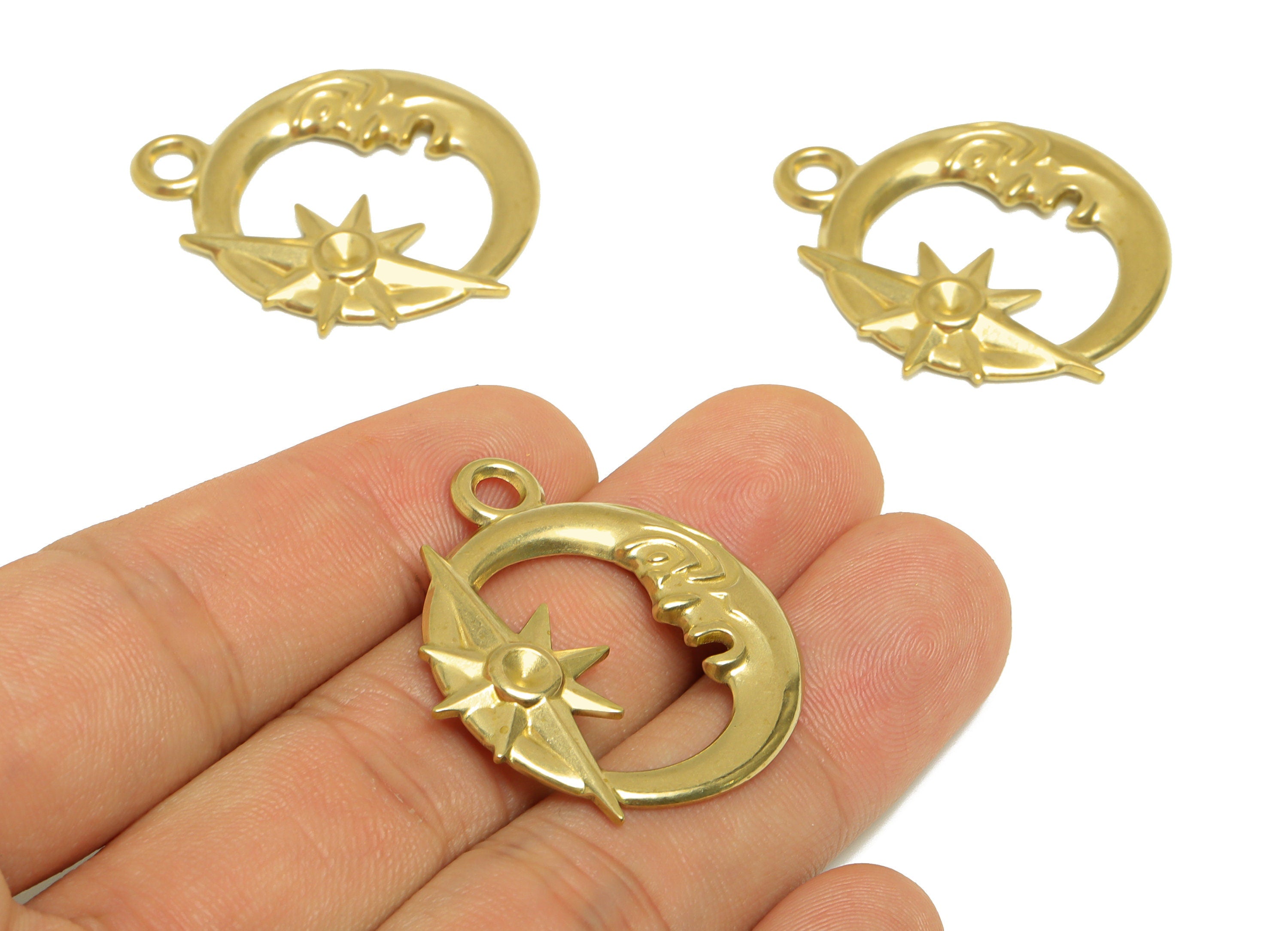 Brass Crescent Earring Charm- Raw Brass Abstract Portrait Charm - Brass Star Pendant For Diamond - Space Moon Charm - 35x29.9x2mm - PP10168 - DOMEDBAZAAR