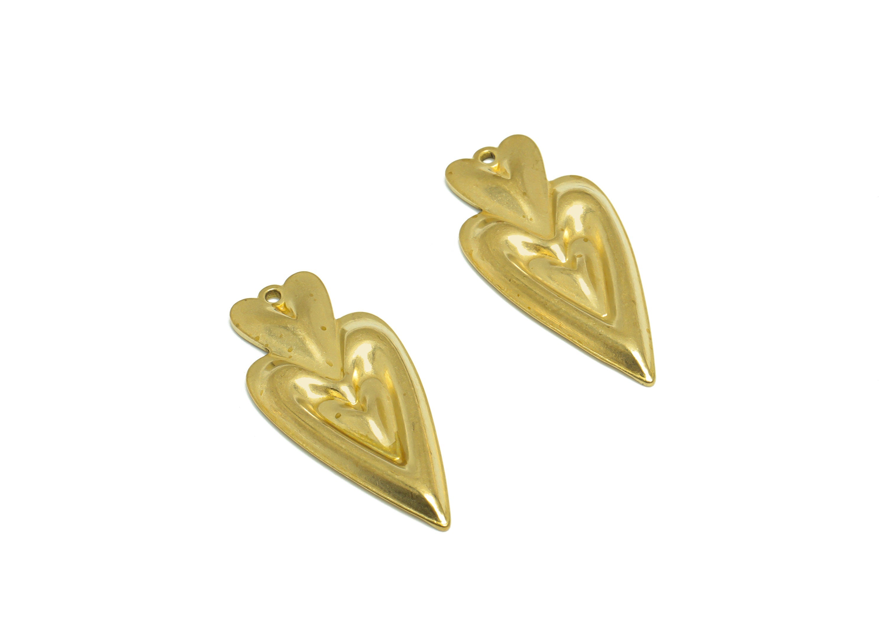 Brass Heart Earring Charm- Raw Brass Textured Long Heart Charm - Brass Double Heart Pendant - Cubic Heart Charm - 30x14x2.2mm - PP10176 - DOMEDBAZAAR