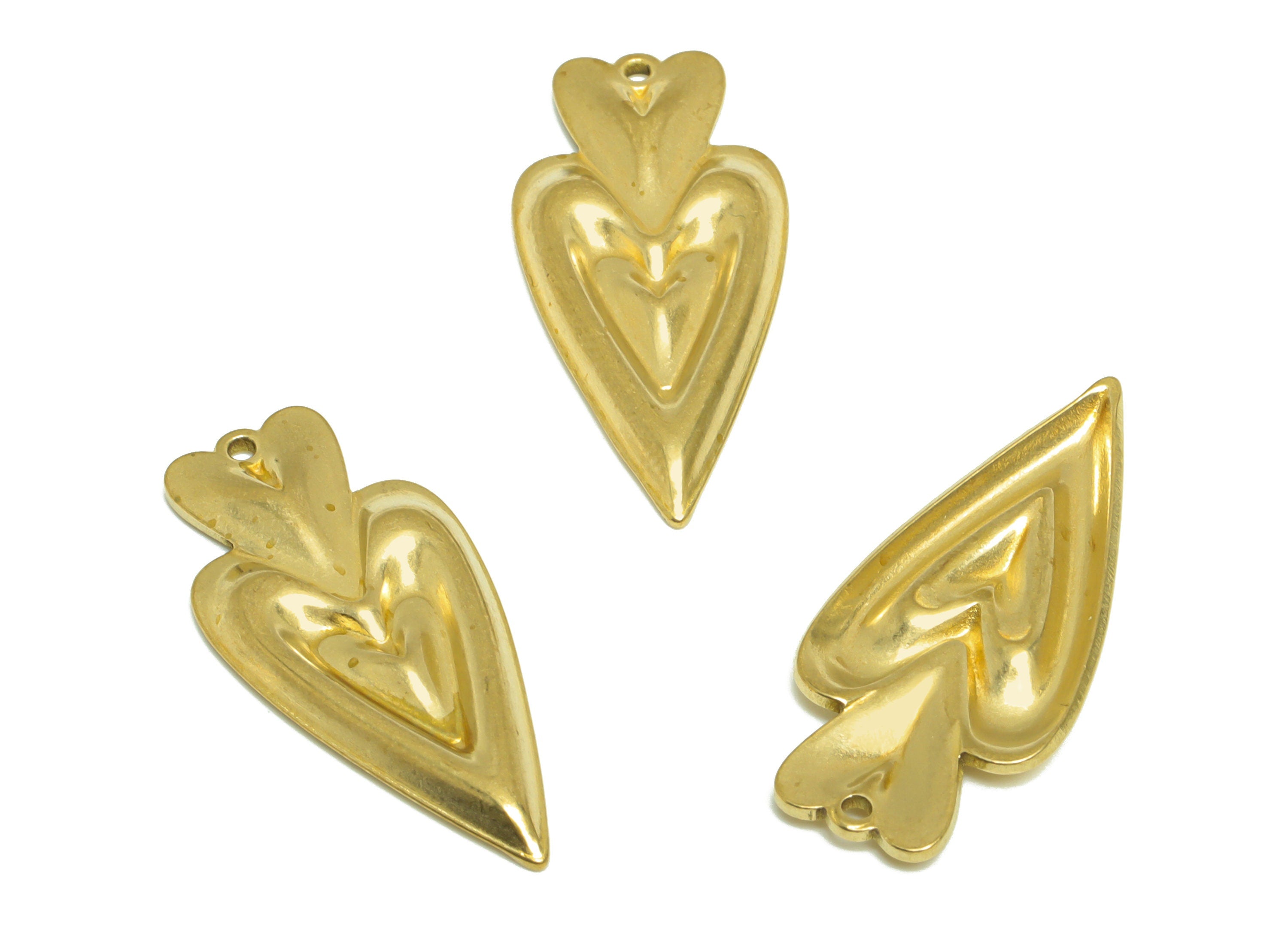 Brass Heart Earring Charm- Raw Brass Textured Long Heart Charm - Brass Double Heart Pendant - Cubic Heart Charm - 30x14x2.2mm - PP10176 - DOMEDBAZAAR