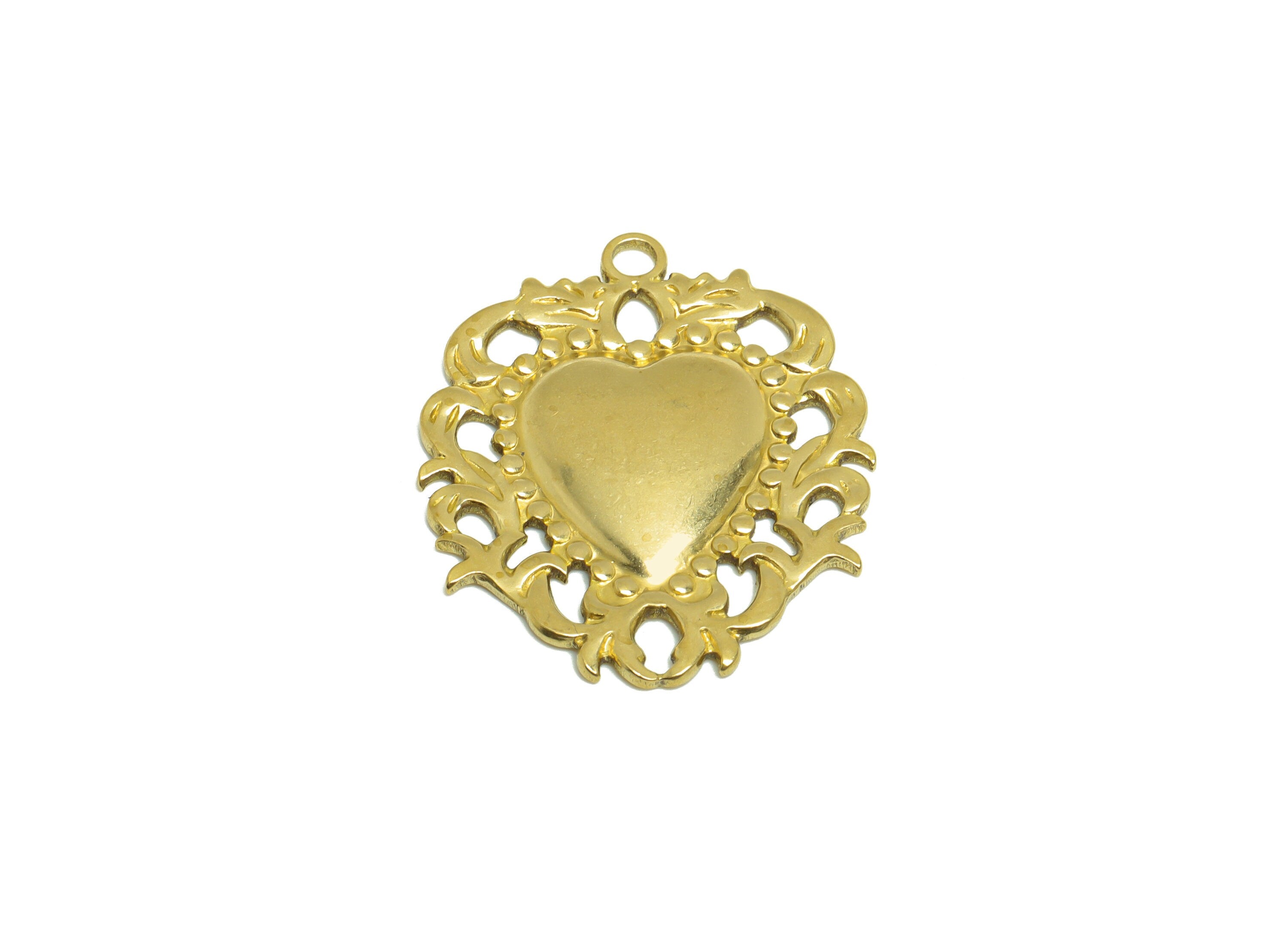 Brass Heart Earring Charm- Raw Brass Antique Vintage Heart Charm - Brass Lace Heart Pendant - Antique Looking Charm - 32x27x2.54mm - PP10164 - DOMEDBAZAAR