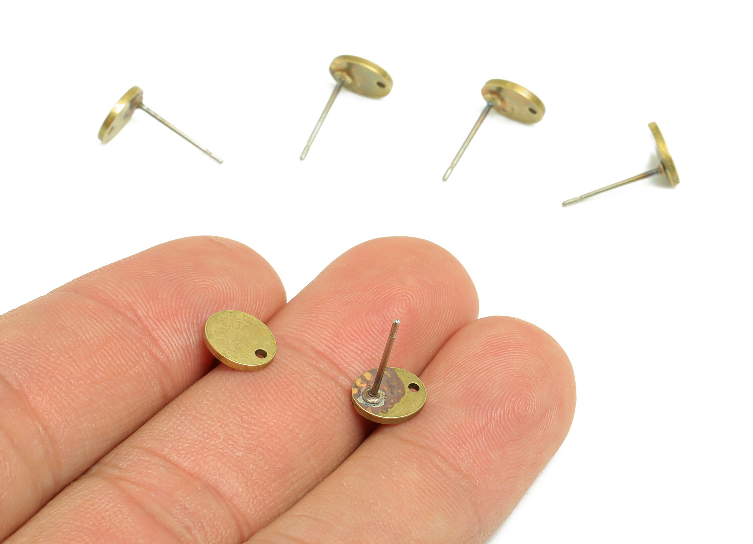 Brass Oval Earring Post - Brass Oval Earring Stud With Hole - Textured Geometry Earring Post - Jewelry Supplies - 8.06x6.8x1.04mm - PP9888 - DOMEDBAZAAR