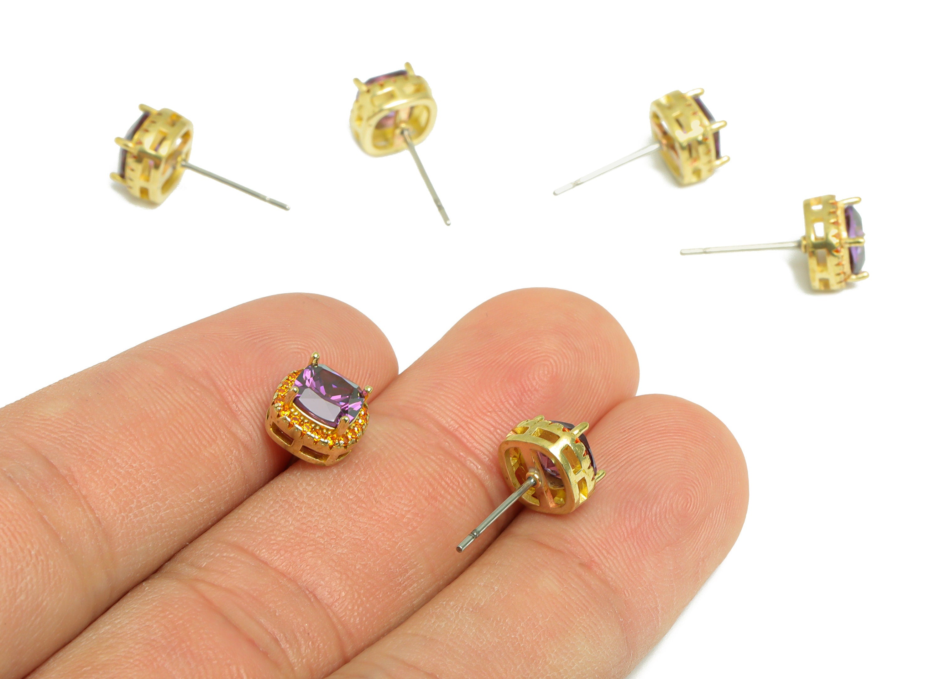 D-Amethyst (CZ-10) Zircon Earring Stud - Raw Brass Orange(CZ-11) Zircon Earring Post - Cubic Zircon Earring Post - 17x8x5mm - PP9851B - DOMEDBAZAAR