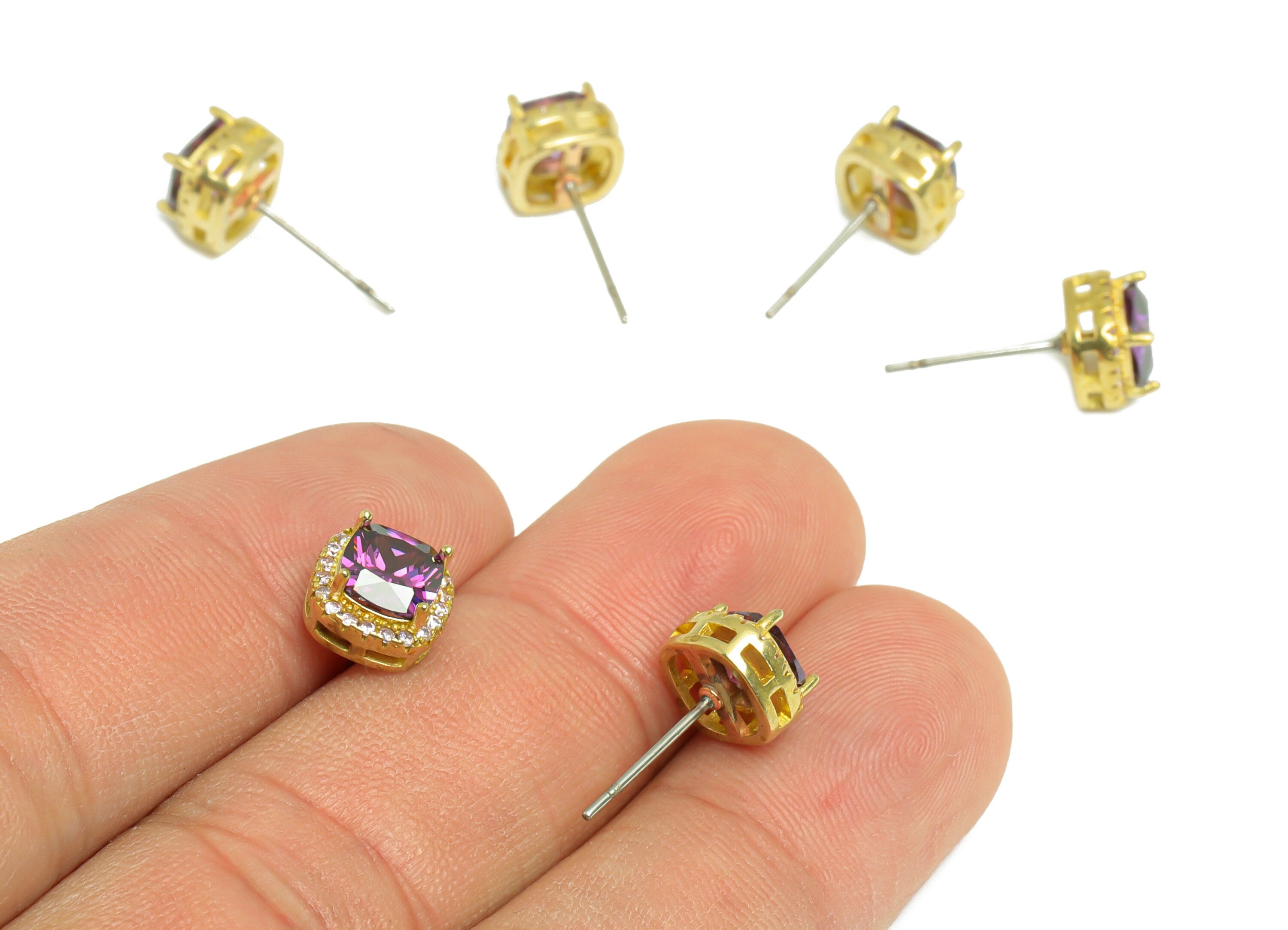D-Violet(CZ-08) Zircon Earring Stud - Raw Brass Pink (CZ-01) Zircon Earring Post - Cubic Zircon Earring Post - 17x8x5mm - PP9851V - DOMEDBAZAAR