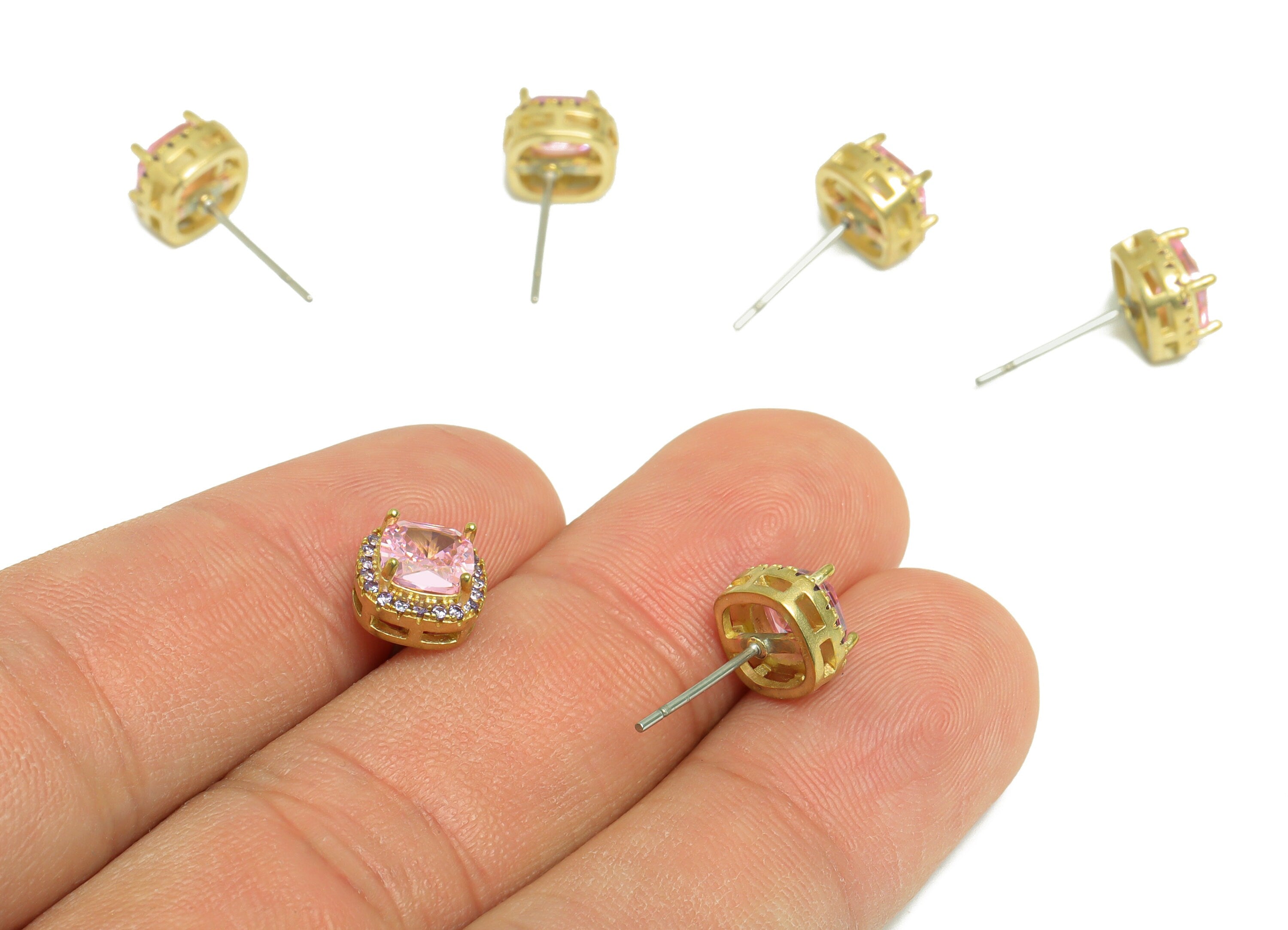 Amethyst(CZ-09) Zircon Earring Stud - Raw Brass Pink (CZ-01) Zircon Earring Post - Cubic Zircon Earring Post - 17x8x5mm - PP9851R - DOMEDBAZAAR
