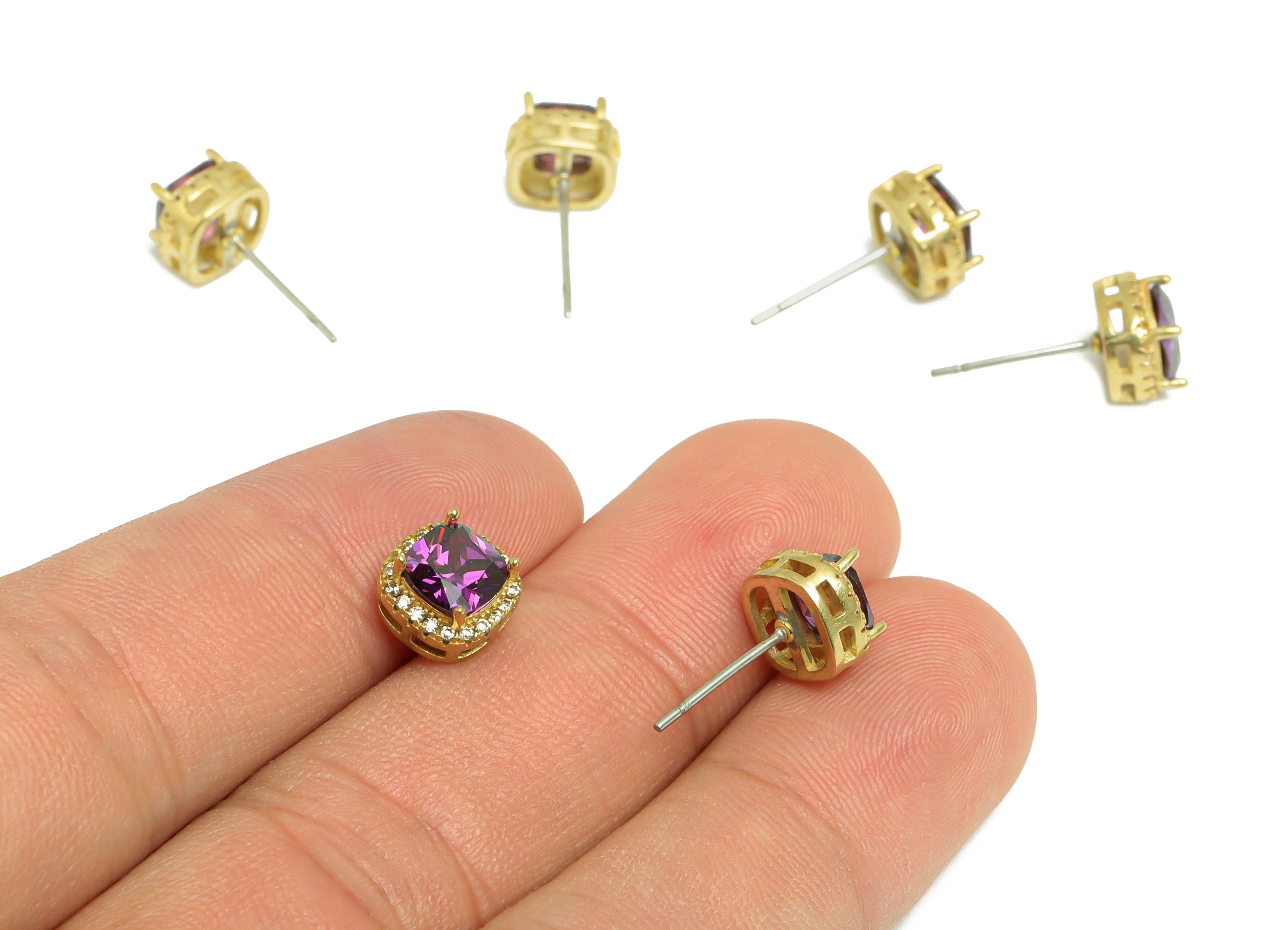 Amethyst (CZ-10) Zircon Earring Stud - Raw Brass Deep Champagne (CZ-20) Zircon Earring Post - Cubic Zircon Earring Post - 15x5x4mm - PP9851T - DOMEDBAZAAR