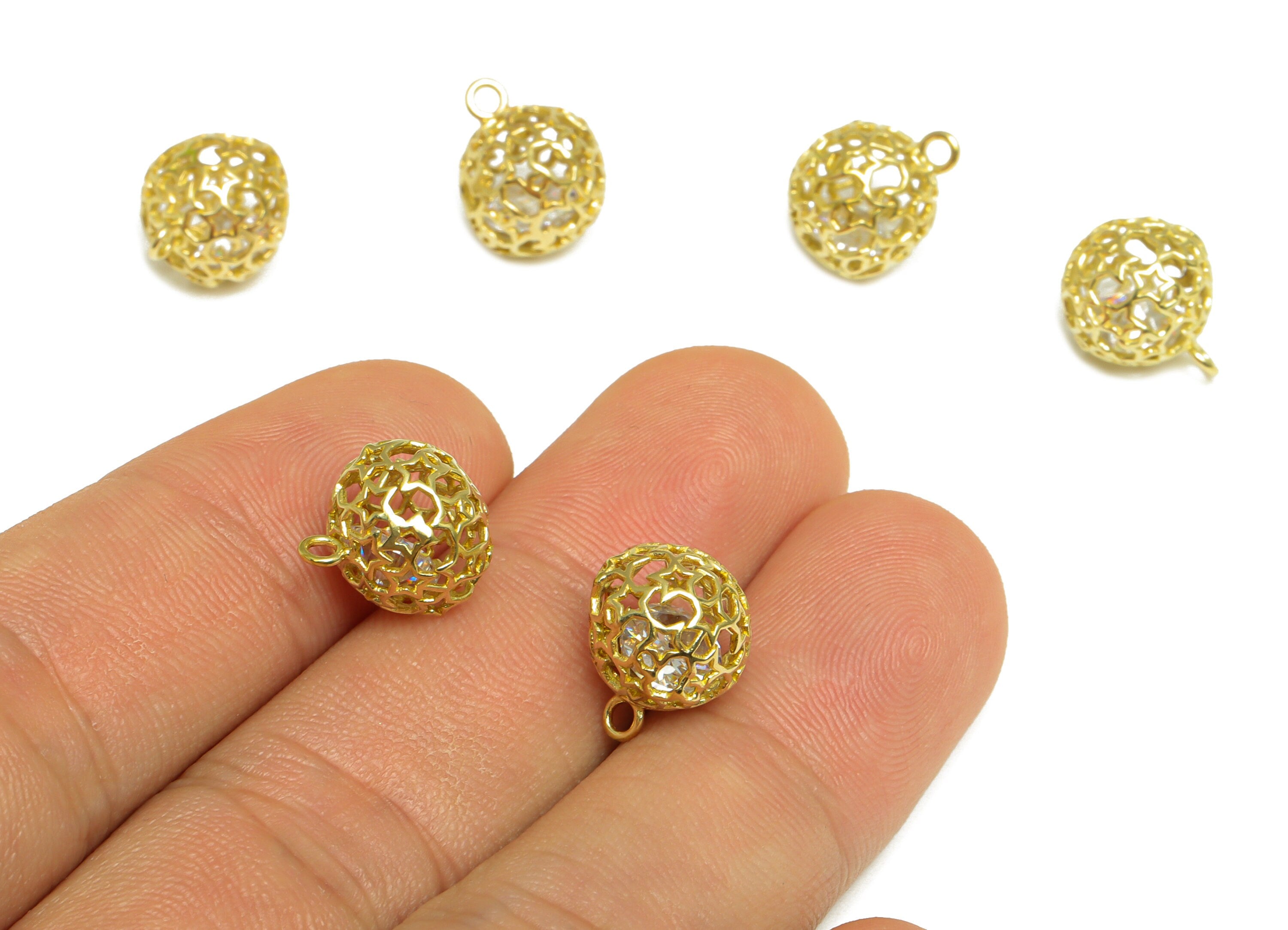 CZ Diamond Star Ball Pendant - Brass CZ Cage Football Earring Charm - Cubic Zircon Charms With Loop - For Necklace - 12.7x11x11mm - PP10086 - DOMEDBAZAAR